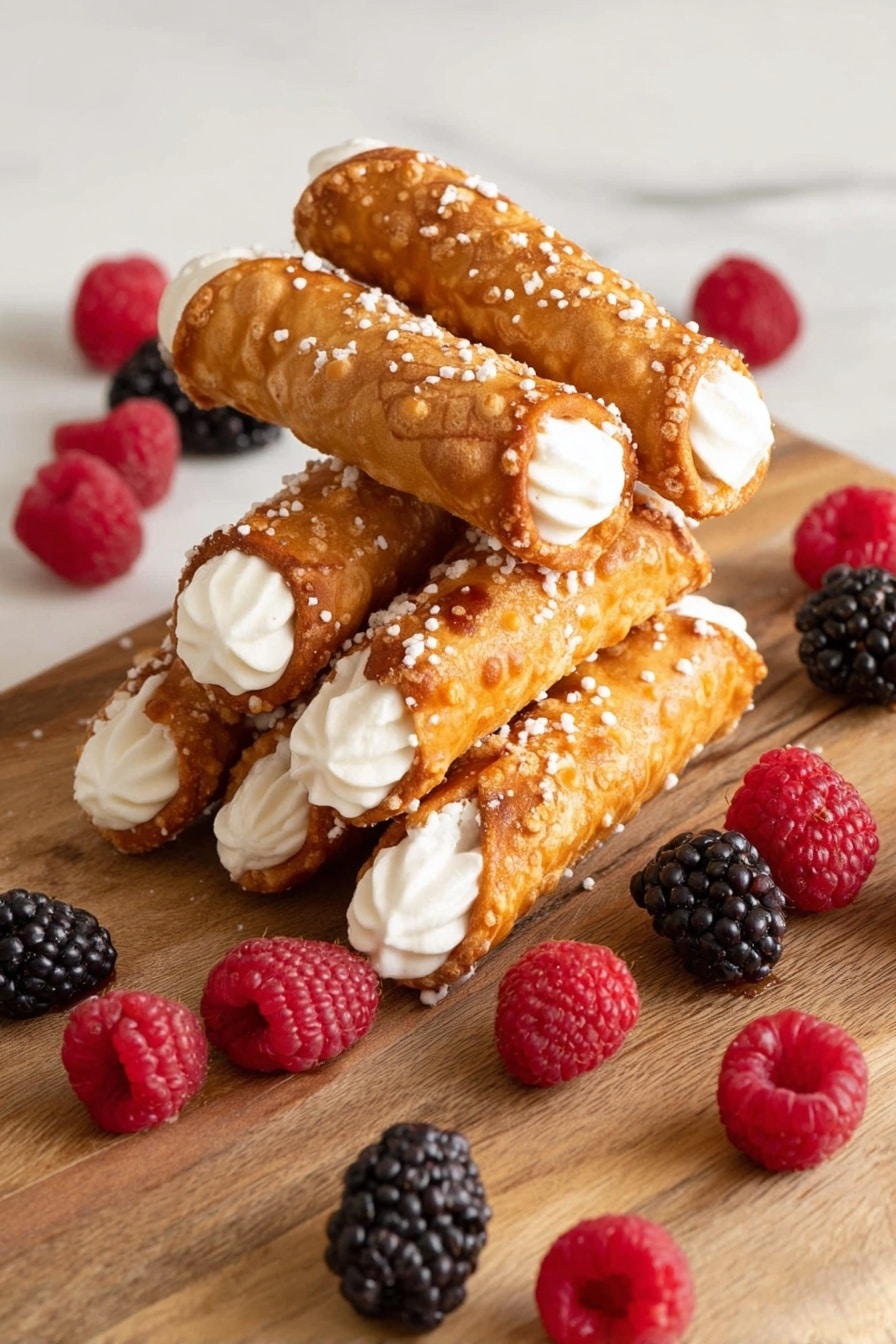 The image shows a pile of seven golden crispy cannoli tubes with white cream filling visible at both ends, stacked in a casual heap on a wooden board. The cannoli shells have a shiny, slightly textured surface with scattered white sugar crystals. Around the cannoli on the board and white marbled surface are fresh red raspberries and black blackberries, adding contrast and color to the scene. The background is white marbled, bright, and clean. photo taken with an iphone --ar 2:3 --v 7 - British Brandy Snap Cookies, Brandy Snap Cookies, Festive Christmas Cookies, Lacy Cookie Recipe, Crispy Sweet Cookies