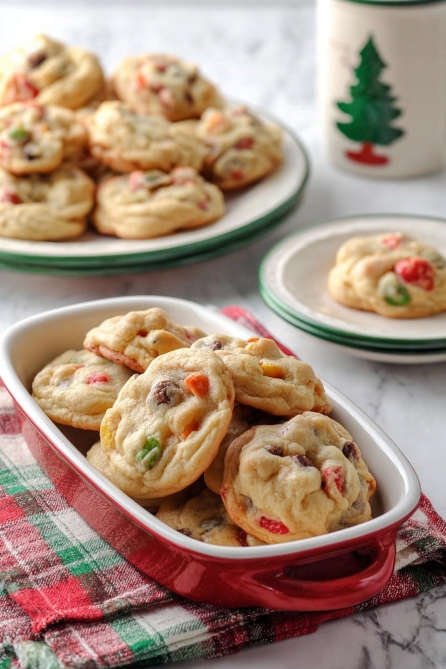 A white oval dish with a red inside holds many round, thick cookies stacked closely together, each cookie showing colors from red, green, brown, and tan pieces mixed inside a soft-looking, golden dough. Behind it, a white plate with a green rim has a few similar cookies placed on it, with a red, green, and white checkered cloth nearby. In the background, there is another white plate with green trim filled with more cookies, and a white mug with a green rim and a small tree design stands next to it, all placed on a white marbled surface. photo taken with an iphone --ar 2:3 --v 7 - Fruitcake Cookies with Nuts and Dried Fruit, holiday cookies with dried fruit and nuts, easy fruitcake cookie recipe, festive nut and dried fruit cookies, chewy fruitcake cookies