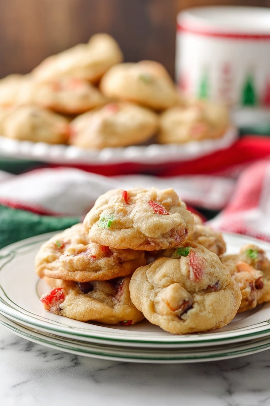 A small pile of soft cookies with light golden brown color and visible red and green bits inside sit on a white plate with a thin green rim, placed on a white marbled surface. The cookies have a slightly uneven, bumpy texture, showing their homemade look with some pieces sticking out. In the blurry background, there is another white plate with many more similar cookies, as well as some red and white kitchen towels and a cup with a Christmas tree design. Photo taken with an iphone --ar 2:3 --v 7 - Fruitcake Cookies with Nuts and Dried Fruit, holiday cookies with dried fruit and nuts, easy fruitcake cookie recipe, festive nut and dried fruit cookies, chewy fruitcake cookies