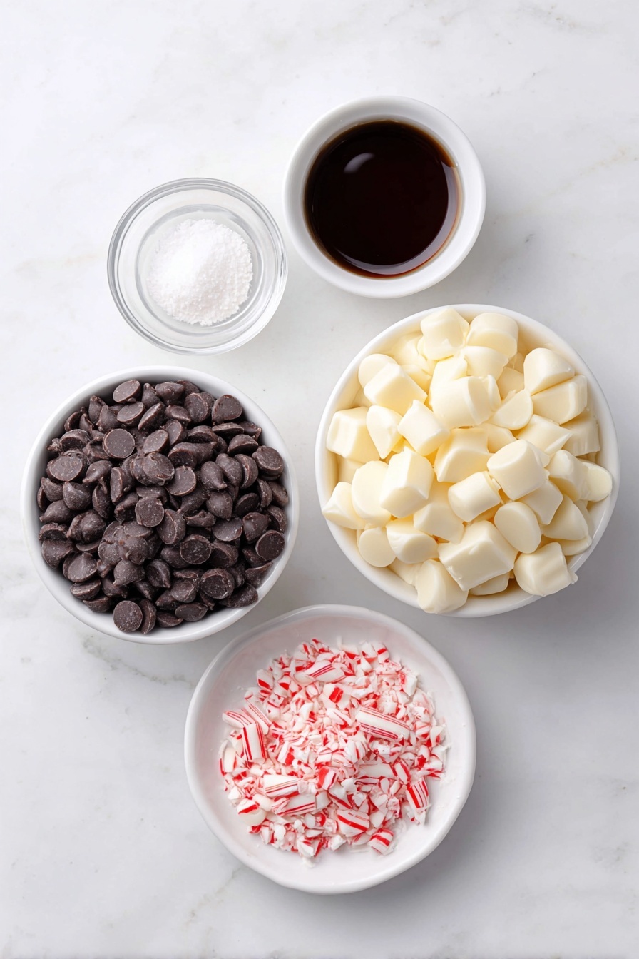 Flat lay of a small white ceramic bowl filled with glossy semisweet chocolate chips, a larger white ceramic bowl piled high with creamy white chocolate chips, a tiny white ceramic bowl containing clear peppermint extract, and a simple white ceramic plate with a neat pile of crushed red and white candy canes, all arranged in perfect symmetry, placed on a clean white marble surface, soft natural light, photo taken with an iPhone, professional food photography style, fresh ingredients, white ceramic bowls, no bottles, no duplicates, no utensils, no packaging --ar 2:3 --v 7 --p m7354615311229779997 - Easy Peppermint Bark, peppermint bark recipe, holiday chocolate treats, festive peppermint candy, homemade peppermint bark