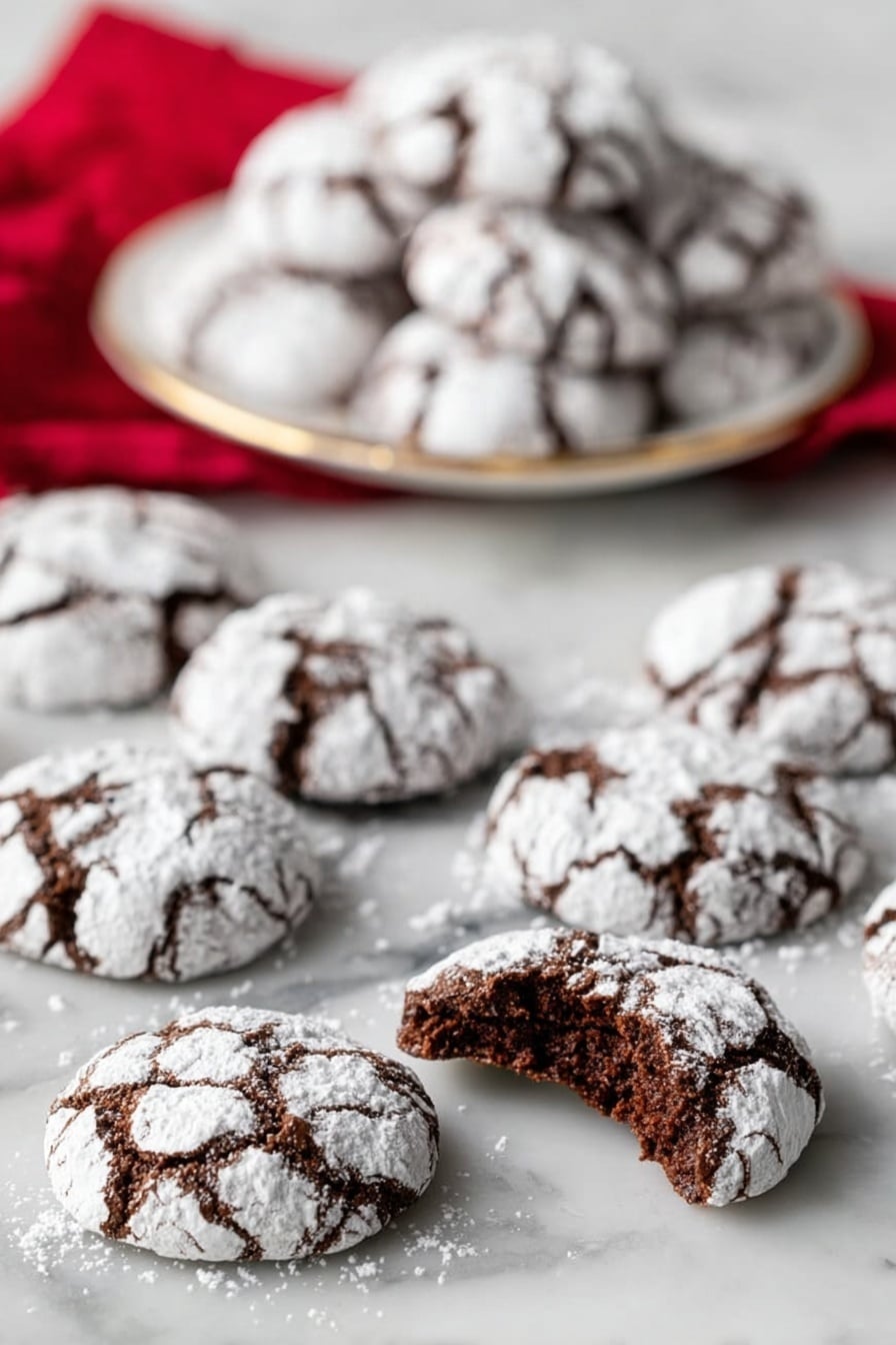 The image shows many round chocolate cookies covered in white powdered sugar, spread out on a white marbled surface. Each cookie has cracks where the dark brown chocolate dough is visible under the powdered sugar layer. One cookie in the front has a bite taken out, showing a soft, dark brown inside with a moist texture. In the background, more cookies are stacked on a white plate with a thin gold rim, resting on a red cloth. photo taken with an iphone --ar 2:3 --v 7 - Chocolate Crinkle Cookies, fudgy chocolate cookies, crackled chocolate cookies, easy chocolate cookie recipe, soft chocolate cookies