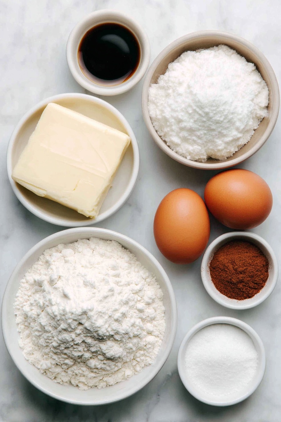 Flat lay of a soft block of unsalted butter, a small heap of white granulated sugar, two large brown eggs with clean shells, a small white bowl of clear vanilla extract, a simple white ceramic bowl filled with white all-purpose flour, a small white bowl holding cream of tartar powder, another small white bowl with baking soda powder, a small white bowl of fine salt, a small white bowl containing a mixture of sugar and ground cinnamon, all arranged with perfect symmetry, placed on a clean white marble surface, soft natural light, photo taken with an iPhone, professional food photography style, fresh ingredients, white ceramic bowls, no bottles, no duplicates, no utensils, no packaging --ar 2:3 --v 7 --p m7354615311229779997 - Chewy Snickerdoodle Cookies, cinnamon sugar cookies, soft chewy cookie recipe, homemade snickerdoodle, easy cookie recipes