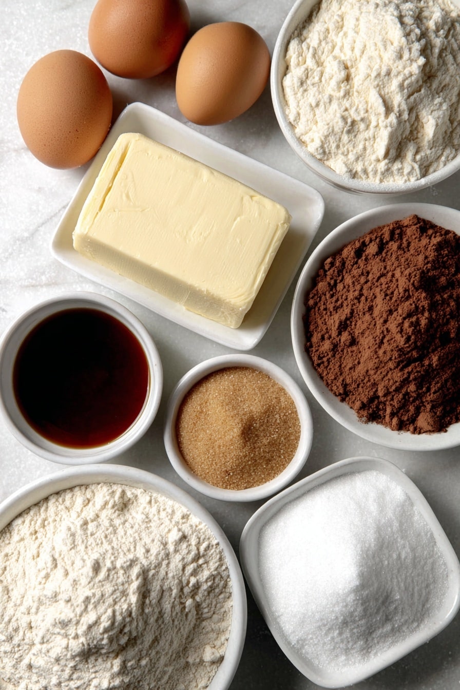Flat lay of unsalted butter in a small square slab, a small white ceramic bowl of granulated sugar, a small white ceramic bowl of firmly packed light brown sugar, a small white ceramic bowl holding ground cinnamon powder, two whole uncracked brown eggs, a small white ceramic bowl with vanilla extract, a small white ceramic bowl filled with all purpose flour, a small white ceramic bowl of almond flour, a small white ceramic bowl containing cornstarch, a small white ceramic bowl of salt, a small white ceramic bowl with vibrant raspberry jam, a small white ceramic bowl filled with powdered sugar, all arranged symmetrically and balanced, placed on a clean white marble surface, soft natural light, photo taken with an iPhone, professional food photography style, fresh ingredients, white ceramic bowls, no bottles, no duplicates, no utensils, no packaging --ar 2:3 --v 7 --p m7354615311229779997 - Easy Raspberry Jam Linzer Cookies, raspberry jam Linzer cookies, homemade Linzer cookies, festive cookies with raspberry jam, simple cookies for gifting