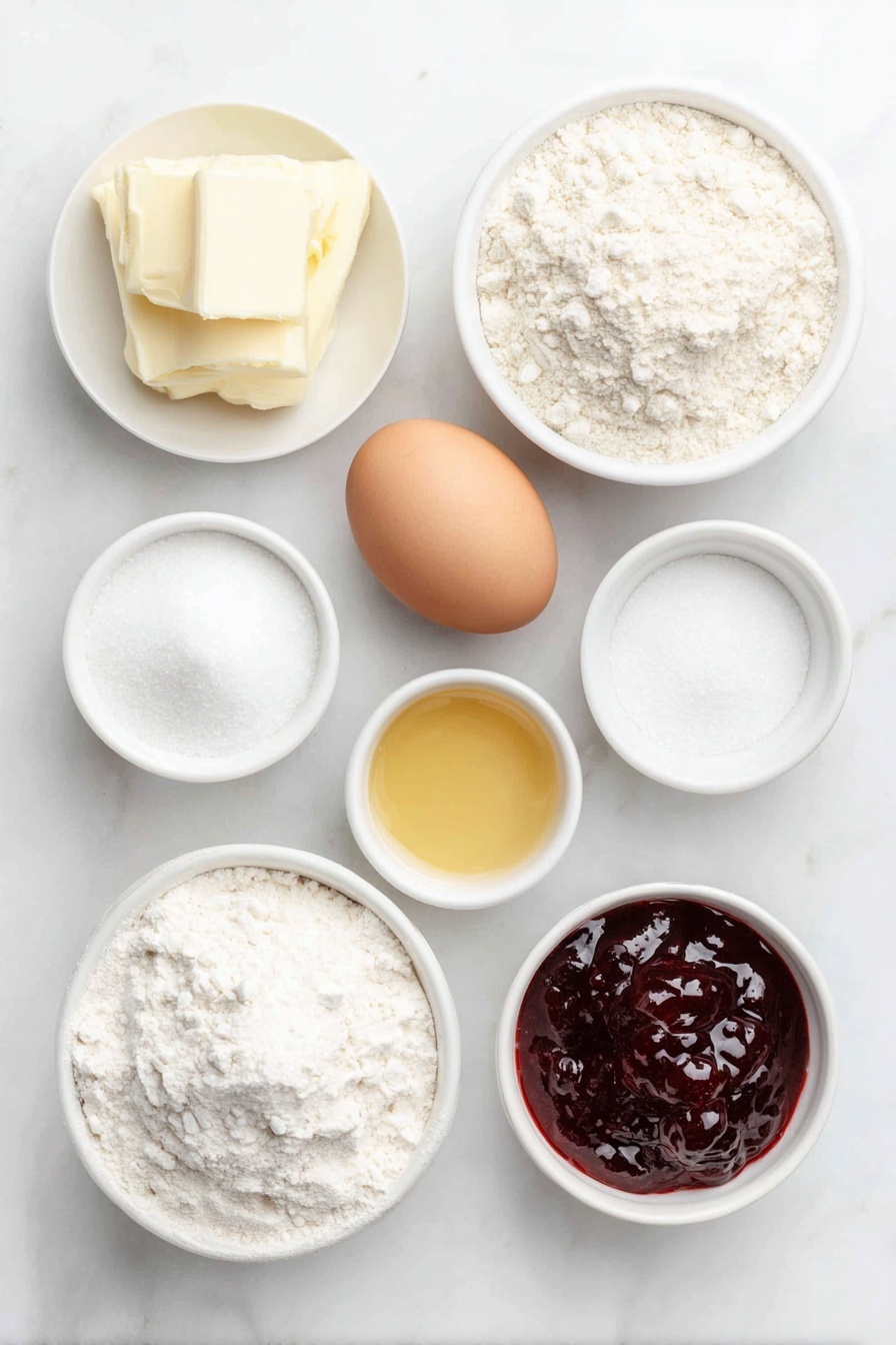 Flat lay of softened unsalted butter in a small white ceramic bowl, a small white bowl filled with superfine sugar, a small white bowl containing golden vanilla extract, one large whole brown egg with a clean shell, a small white ceramic bowl heaped with plain all-purpose flour, a small white bowl with fine kosher salt, a small white bowl filled with glossy red strawberry jam, all ingredients arranged symmetrically and balanced, placed on a clean white marble surface, soft natural light, photo taken with an iPhone, professional food photography style, fresh ingredients, white ceramic bowls, no bottles, no duplicates, no utensils, no packaging --ar 2:3 --v 7 --p m7354615311229779997 - Jam Drop Cookies with Strawberry Filling, Strawberry Jam Cookies, Thumbprint Cookies Recipe, Easy Fruit Filled Cookies, Classic Butter Cookies