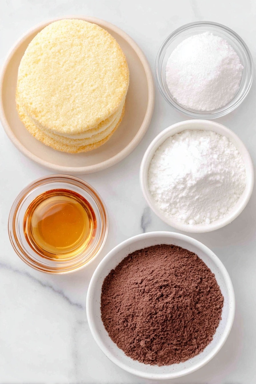 Flat lay of a small pile of whole vanilla wafers with a smooth golden color, a small heap of fine white confectioners’ sugar on a simple white ceramic plate, a small white ceramic bowl filled with rich dark brown cocoa powder, a small white ceramic bowl containing glossy translucent white corn syrup, and a small white ceramic bowl with clear amber rum, all arranged in perfect symmetry with balanced spacing, placed on a clean white marble surface, soft natural light, photo taken with an iPhone, professional food photography style, fresh ingredients, white ceramic bowls, no bottles, no duplicates, no utensils, no packaging --ar 2:3 --v 7 --p m7354615311229779997 - Festive Rum Balls, Rum Ball Recipe, Holiday Party Treats, No-Bake Rum Balls, Easy Christmas Desserts