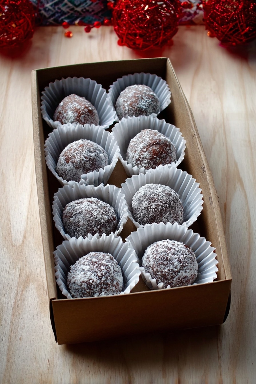 A small open box with nine round chocolate truffles inside, each set in white pleated paper cups. The truffles have a rough texture and are dusted lightly with white powder, showing a mix of dark brown and grayish tones. The box is placed on a light wood surface with some red decorations nearby. The overall look is neat and simple, focusing on the truffles' texture and arrangement. photo taken with an iphone --ar 2:3 --v 7 - Festive Rum Balls, Rum Ball Recipe, Holiday Party Treats, No-Bake Rum Balls, Easy Christmas Desserts