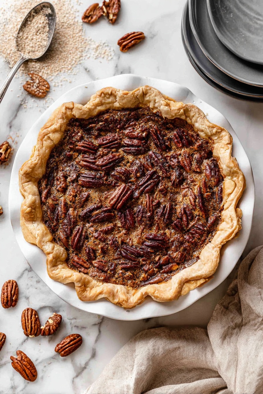 The image shows a pecan pie in a white fluted pie dish placed on a white marbled surface. The pie has a golden-brown crust with ruffled edges forming a thick, uneven border. The filling is dark brown with a slightly shiny texture, densely packed with whole pecan halves that are toasted and glossy, scattered evenly on top. Around the pie, there are loose pecans and a spoon with some light brown sugar spilling out, plus a beige cloth partly folded nearby. In the top right corner, two stacked dark gray plates sit on the white marbled surface. photo taken with an iphone --ar 2:3 --v 7 - Easy Homemade Pecan Pie, classic pecan pie, homemade pecan pie filling, buttery pecan pie crust, festive pecan pie dessert
