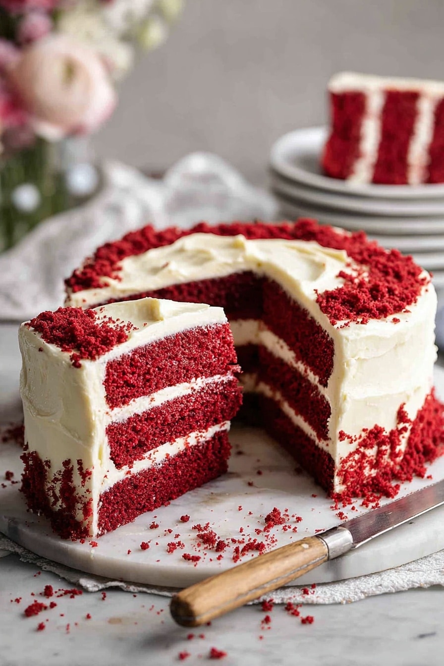 The image shows a two-layer red velvet cake with bright red, soft, and moist cake layers separated by a thick, smooth, white cream cheese frosting layer. The whole cake is covered evenly with the creamy white frosting, with red cake crumbs sprinkled at the base and top edge for decoration. One slice with clear sharp edges is being lifted, showing the rich texture inside. The cake sits on a white marbled surface with some crumbs scattered around, and a knife with a wooden handle lies nearby. In the soft blurred background, there are white plates stacked with slices of cake and some blurred flowers. photo taken with an iphone --ar 2:3 --v 7 - Classic Red Velvet Cake, Red Velvet Cake Recipe, Best Red Velvet Cake, Easy Red Velvet Cake, Velvety Red Velvet Cake