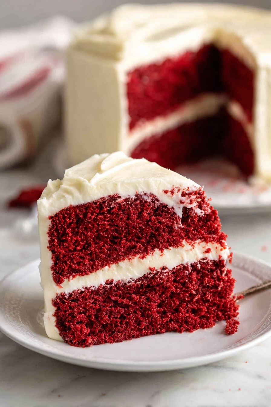 A close-up of a slice of red velvet cake on a white plate with two thick layers of deep red cake separated by a smooth, thick layer of white cream cheese frosting. The cake slice is topped and coated on the sides with more creamy white frosting. In the background, the remaining whole cake is visible with matching layers and the same white frosting. The setting includes a white marbled surface with soft lighting highlighting the rich color contrast between the red cake and white frosting. Photo taken with an iphone --ar 2:3 --v 7 - Classic Red Velvet Cake, Red Velvet Cake Recipe, Best Red Velvet Cake, Easy Red Velvet Cake, Velvety Red Velvet Cake