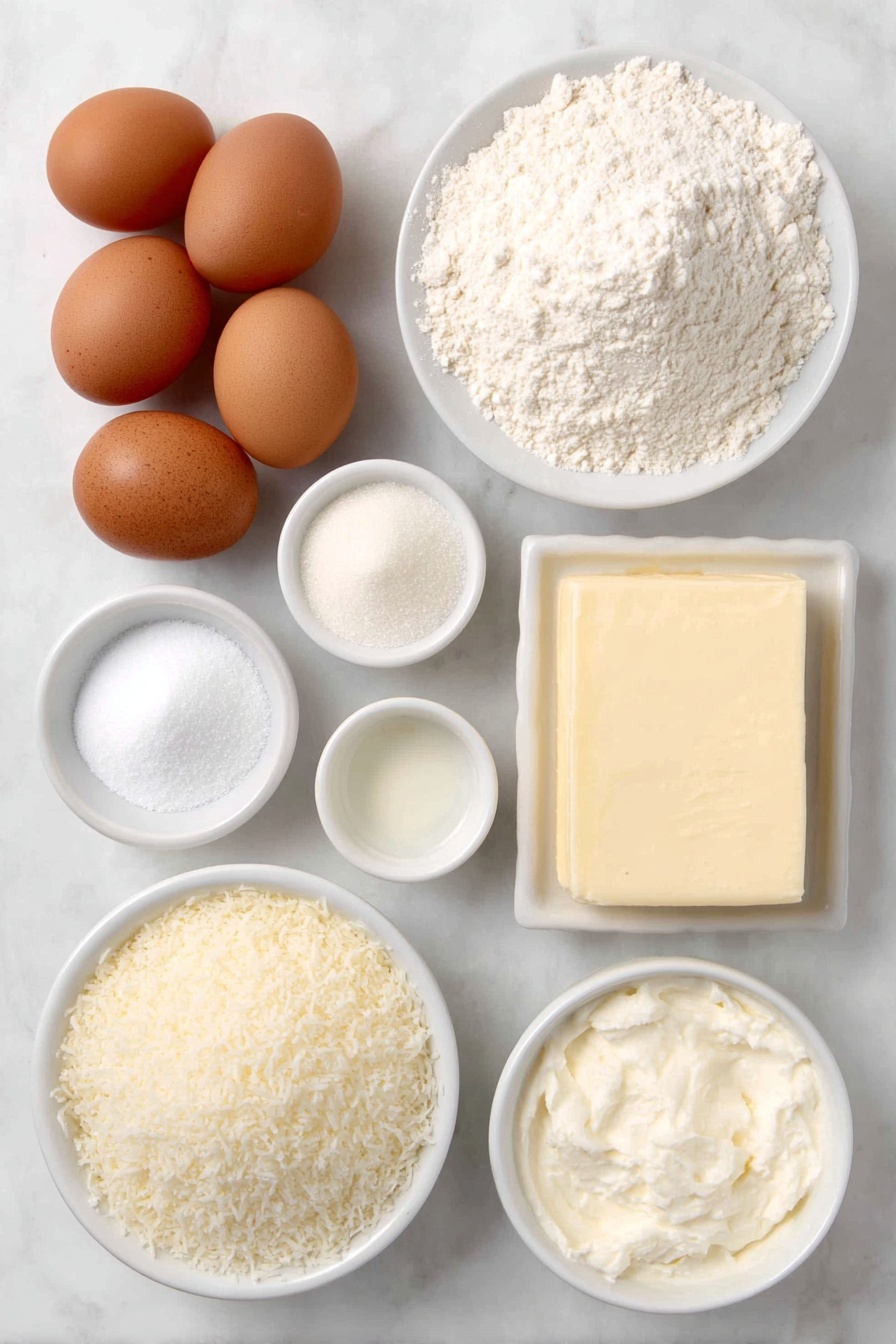 Flat lay of a small mound of fine white cake flour, two teaspoons of pale baking powder powder gently heaped, a tiny mound of off-white baking soda, a small heap of fine salt crystals, a thick rectangle of unsalted butter softened and smooth, a small pile of sparkling granulated sugar, five large whole uncracked brown eggs, a small white ceramic bowl filled with creamy sour cream, a small white bowl holding clear vanilla extract, a small white bowl with translucent coconut extract, a small white bowl filled with rich white coconut milk, a small heap of sweetened shredded coconut flakes, a block of full-fat cream cheese with a smooth surface, a small white bowl of fine confectioners’ sugar, all ingredients fresh and natural without packaging, arranged with perfect symmetry on a clean white marble surface, soft natural light, photo taken with an iPhone, professional food photography style, fresh ingredients, white ceramic bowls, no bottles, no duplicates, no utensils, no packaging --ar 2:3 --v 7 --p m7354615311229779997 - Decadent Coconut Layer Cake, coconut layer cake, tropical coconut cake, coconut cake with cream cheese frosting, moist coconut cake