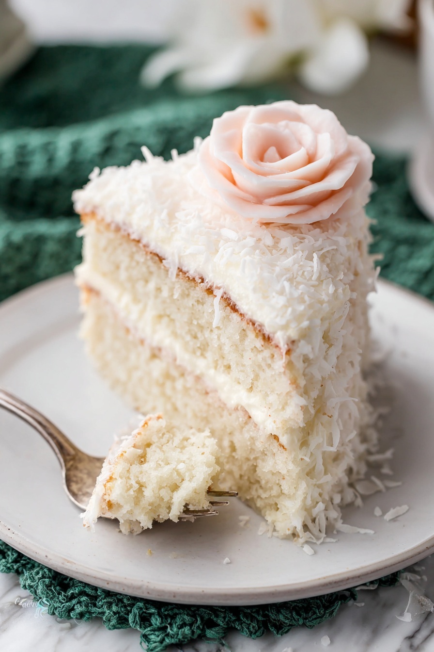 A slice of three-layer pale yellow cake is on a white plate with a white marbled texture beneath. Each cake layer is soft and moist, separated by two thick layers of white creamy frosting. The outside of the cake is fully covered with thick white frosting that has a slightly rough texture from small coconut flakes. On top, there is a light pink frosting flower that adds a delicate touch to the slice. A small piece of cake with frosting is on a fork near the plate’s edge. The background is softly blurred with a brown wooden tone and some teal fabric visible. Photo taken with an iphone --ar 2:3 --v 7 - Decadent Coconut Layer Cake, coconut layer cake, tropical coconut cake, coconut cake with cream cheese frosting, moist coconut cake