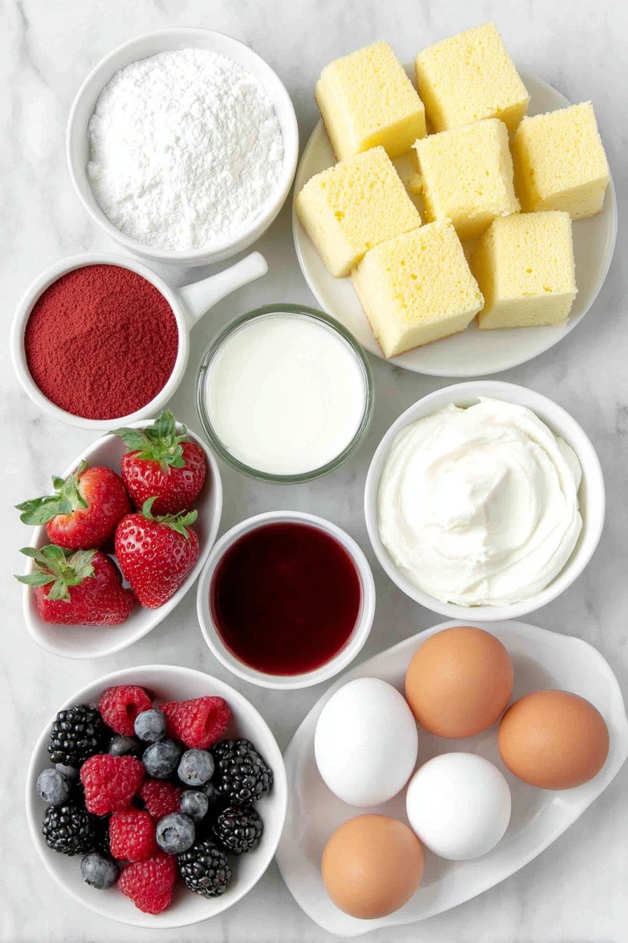 Flat lay of a simple white ceramic plate with irregular cubes of golden Madeira cake, a small white bowl of bright red gelatine powder, a small white bowl filled with glossy deep red cranberry juice, a small white bowl containing a pale golden orange fruit liquor, fresh halved strawberries with vibrant red flesh and green leaves, a small cluster of plump blueberries and raspberries, a small white bowl holding thick, creamy white heavy cream, a small white bowl of fine white caster sugar, whole smooth brown eggs with clean shells arranged neatly, a small white bowl of pale yellow cornflour, a small white bowl with fresh white milk, and a small white bowl with viscous creamy vanilla bean paste placed on a clean white marble surface, soft natural light, photo taken with an iPhone, professional food photography style, fresh ingredients, white ceramic bowls, no bottles, no duplicates, no utensils, no packaging --ar 2:3 --v 7 --p m7354615311229779997 - Festive Cranberry Fruit Trifle, holiday dessert with cranberries, easy cranberry trifle, colorful fruit trifle recipe, Christmas dessert ideas