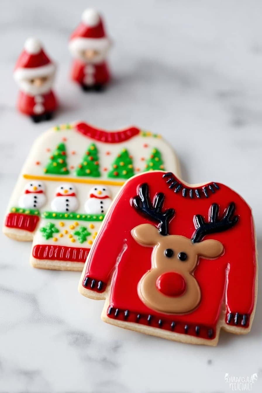 The image shows two decorated sweater-shaped cookies placed side by side on a white marbled surface. The cookie in the foreground is a bright red sweater with a reindeer's face in the center, featuring brown, black, and red icing for the antlers, eyes, ears, nose, and mouth. Behind it, the second cookie is a white sweater decorated with a festive pattern of green Christmas trees, red and yellow bands, and small snowmen in white icing with black and orange details. In the background, slightly out of focus, there are small Santa Claus figurines adding a festive touch. photo taken with an iphone --ar 2:3 --v 7 - Ugly Christmas Sweater Cookies, Christmas cookie decorating ideas, holiday festive sugar cookies, fun holiday cookie recipes, colorful Christmas cookies