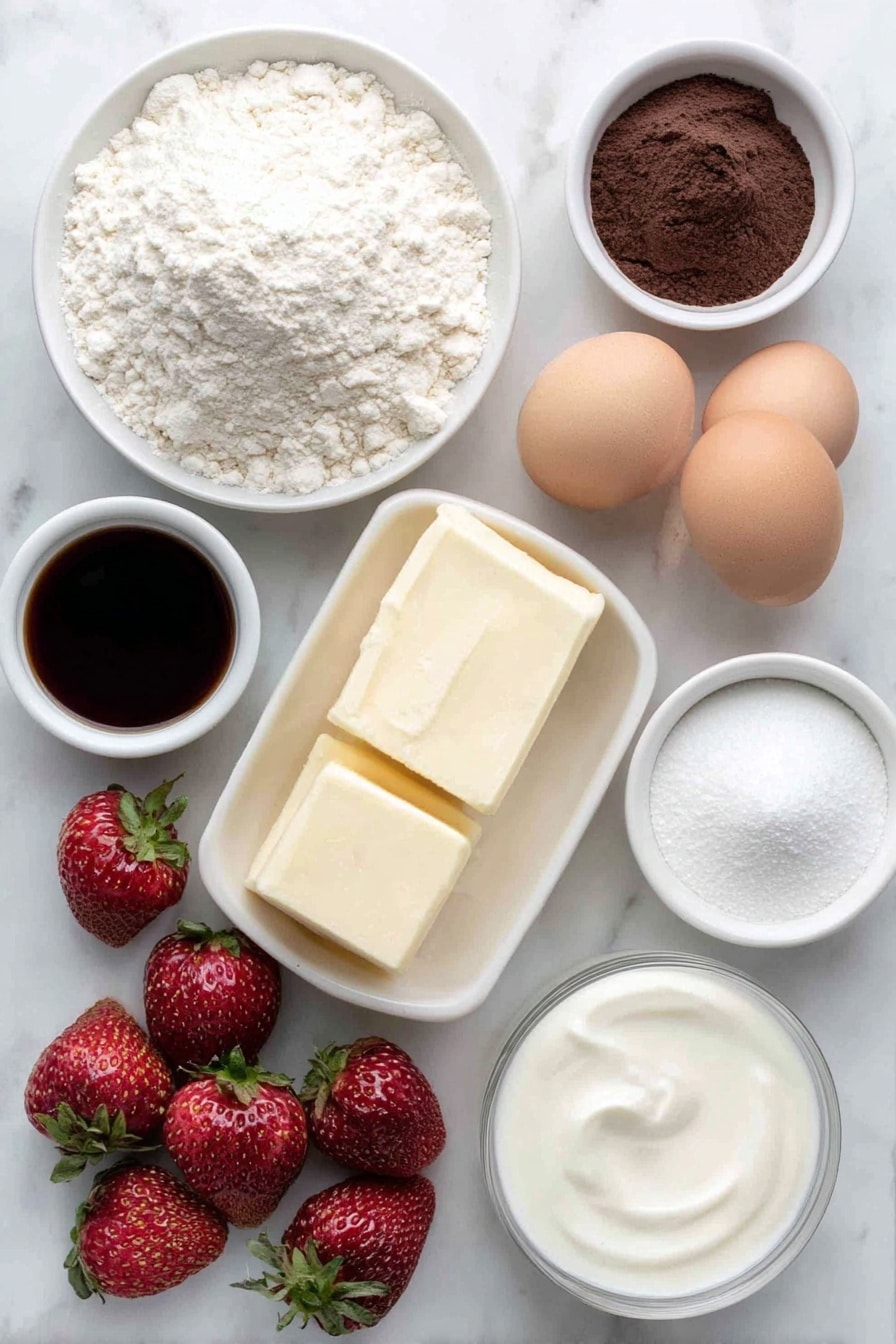 Flat lay of a small mound of fine all-purpose flour in a neat pile, a small heap of smooth unsweetened cocoa powder, two whole brown eggs with clean shells, a few tablespoons of soft creamy butter shaped into a small square chunk, white granulated sugar in a small neat pile, pure vanilla extract poured into a small white ceramic bowl, pure white icing sugar heaped lightly in a separate small white bowl, a few tablespoons of fresh milk or heavy cream in a small white bowl, and ripe whole strawberries with green leafy tops, all arranged symmetrically and balanced in proportions on a clean white marble surface, soft natural light, photo taken with an iPhone, professional food photography style, fresh ingredients, white ceramic bowls, no bottles, no duplicates, no utensils, no packaging --ar 2:3 --v 7 --p m7354615311229779997 - Strawberry Santa Hat Cupcakes, holiday cupcake ideas, Christmas dessert recipes, festive cupcake decorations, easy holiday baking
