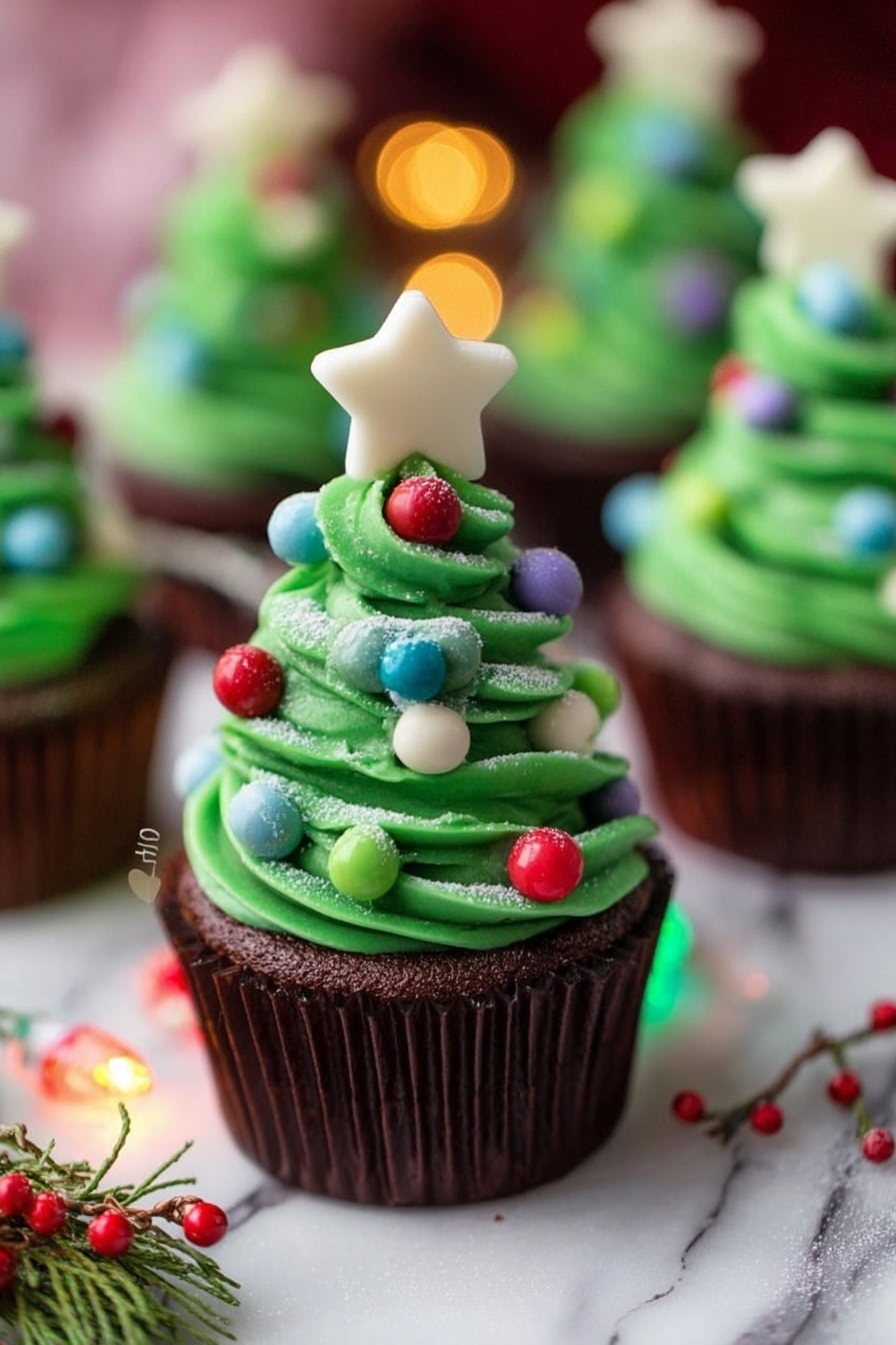 A chocolate cupcake in a dark brown wrapper sits on a white marbled surface, topped with three thick, wavy layers of bright green frosting shaped like a Christmas tree. The frosting is decorated with small, round candy balls in red, blue, green, white, and purple colors, spaced evenly around the layers. A dusting of powdered sugar mimics snow on the green frosting. At the very top is a large, smooth white star-shaped candy standing upright. Around the cupcake are scattered small colorful candy balls and festive garden greenery with red berries. In the background, several similar cupcakes are blurred out. Small colorful lights add a glowing effect near the base of the cupcake. Photo taken with an iphone --ar 2:3 --v 7 - Christmas Tree Cupcakes with Chocolate and Vanilla Frosting, festive holiday cupcakes, Christmas dessert ideas, holiday baking recipes, cute Christmas cupcakes
