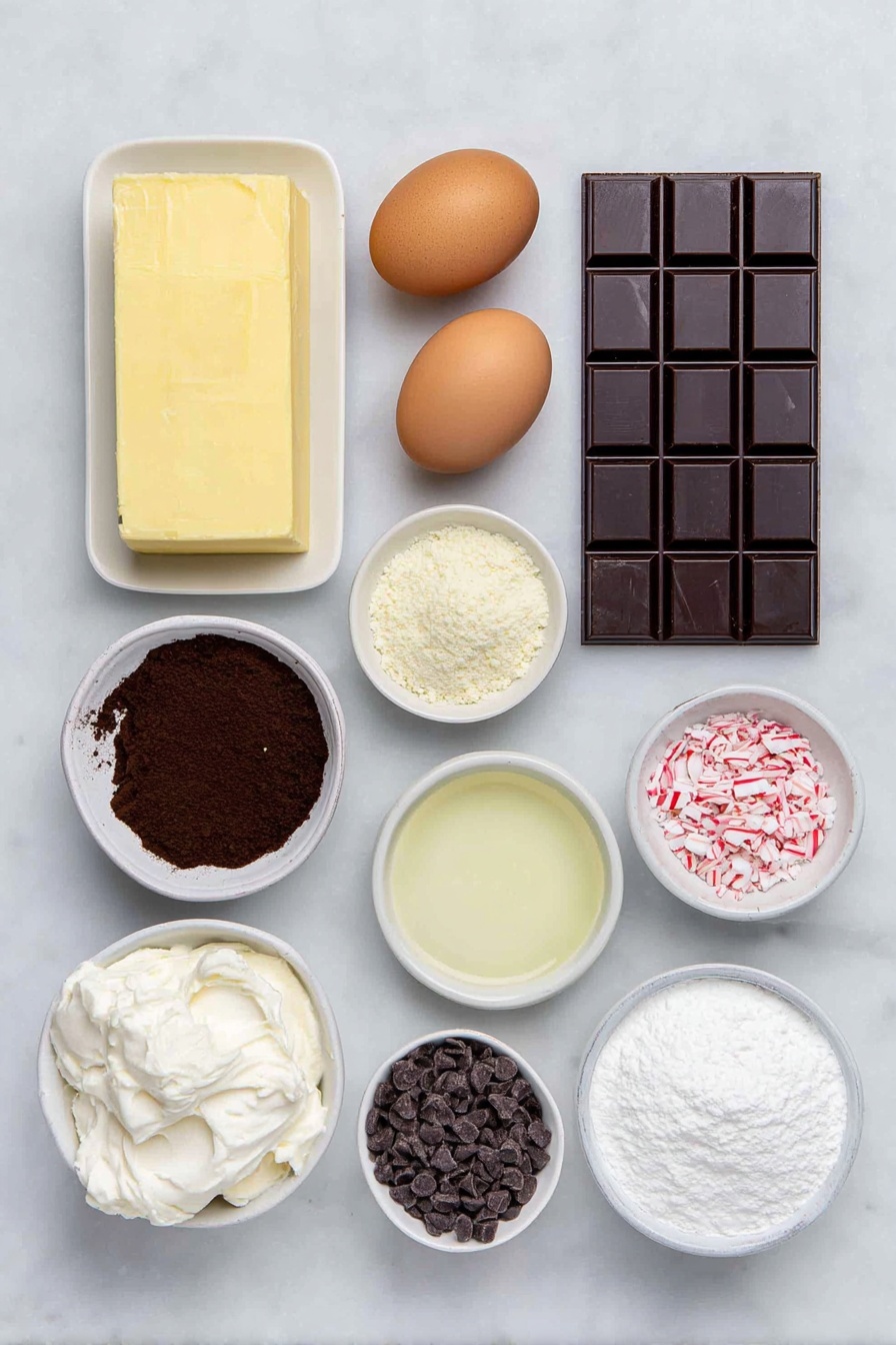Flat lay of a small bar of rich bittersweet chocolate, a few cubes of pale yellow butter, a small mound of white granulated sugar, two brown eggs with clean shells, a small white bowl of clear peppermint extract, a small white bowl of light vanilla extract, a small heap of pale all-purpose flour, a small white bowl of dark cocoa powder, a small pinch of white salt crystals, a square block of creamy white cream cheese, a few slices of softened pale butter, a small white bowl filled with fine powdered sugar, a small white bowl of thick heavy whipping cream, a small handful of glossy bittersweet chocolate chips, and a small pile of crushed candy cane pieces—all arranged symmetrically, placed on a clean white marble surface, soft natural light, photo taken with an iPhone, professional food photography style, fresh ingredients, white ceramic bowls, no bottles, no duplicates, no utensils, no packaging --ar 2:3 --v 7 --p m7354615311229779997 - Peppermint Brownies with Cream Cheese Frosting, chocolate peppermint brownies, holiday brownie recipes, easy peppermint dessert, fudgy peppermint brownies
