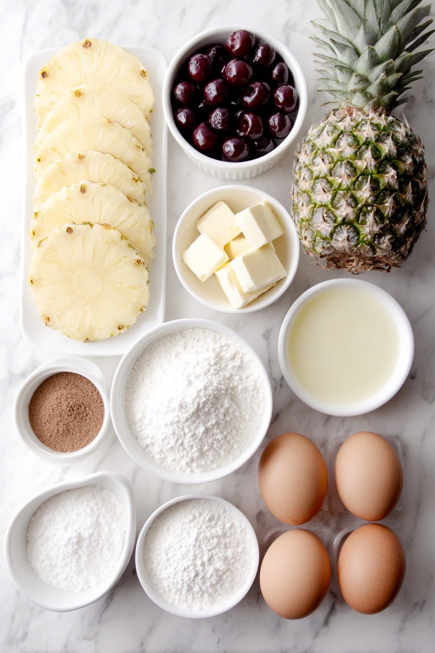 Flat lay of fresh pineapple slices arranged neatly, a handful of glossy bright red maraschino cherries, a small white ceramic bowl of golden melted butter, a small white bowl filled with rich brown sugar, a neat mound of fine all-purpose flour, a small white bowl holding creamy full-fat sour cream, a small white bowl with smooth pale yellow butter softened, two large whole brown eggs with clean shells, a small white bowl containing clear pale yellow pineapple juice, a small white bowl of fine white sugar, a small white bowl with milk, a tiny heap of fine baking powder, a pinch of baking soda, and a pinch of salt, all ingredients symmetrically arranged on a clean white marble surface, soft natural light, photo taken with an iPhone, professional food photography style, fresh ingredients, white ceramic bowls, no bottles, no duplicates, no utensils, no packaging --ar 2:3 --v 7 --p m7354615311229779997 - Pineapple Upside Down Cake with Cherry Topping, tropical pineapple cake recipe, classic pineapple upside down cake, easy pineapple dessert, cherry pineapple cake