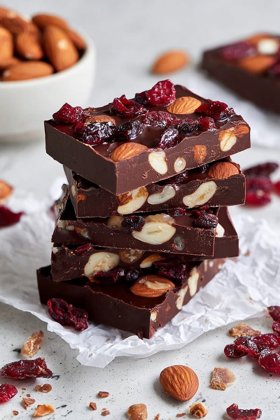 The image shows a stack of four thick rectangular chocolate pieces, each layered with whole almonds embedded inside and many dried cranberries on top. The top layer is glossy dark chocolate holding the almonds and cranberries that add a rich red and brown color contrast. The chocolate blocks are placed on white crumpled paper, with scattered dried cranberries and small chocolate crumbs around. The background is a white marbled surface with a blurred white bowl filled with more almonds in the distance. Photo taken with an iphone --ar 2:3 --v 7 - Easy Chocolate Bark with Nuts and Fruit, chocolate bark recipe, homemade chocolate toppings, nut and fruit chocolate treat, quick holiday desserts