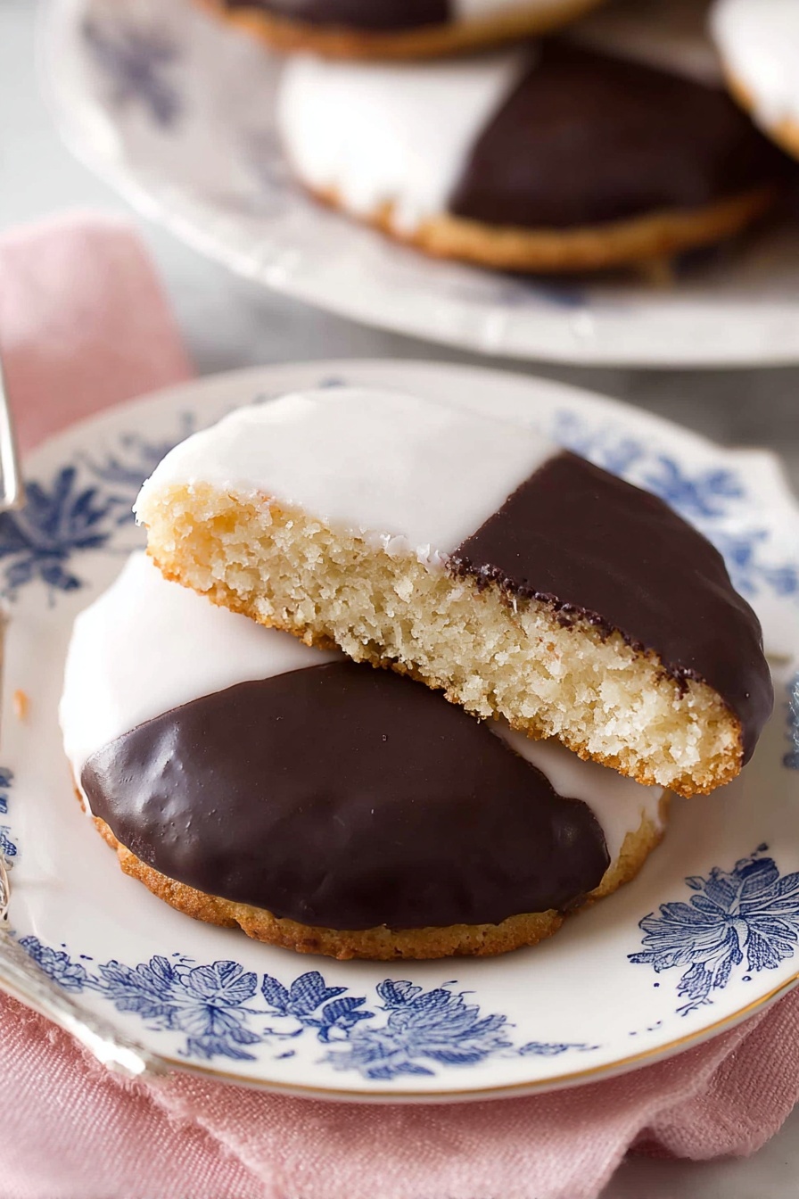 The image shows a round cookie with two layers on top: one half has smooth, glossy white icing and the other half has shiny dark chocolate icing. The cookie base is light golden and looks soft and fluffy inside. One cookie is whole, and another is cut in half, revealing the airy inside texture. The cookies are placed close together on a white plate with blue floral patterns, set on a soft pink cloth with a white marbled surface underneath. Photo taken with an iphone --ar 2:3 --v 7 - Black and White Cookies with Vanilla and Chocolate Icing, black and white cookie recipe, classic NYC cookies, homemade black and white cookies, vanilla and chocolate glazed cookies