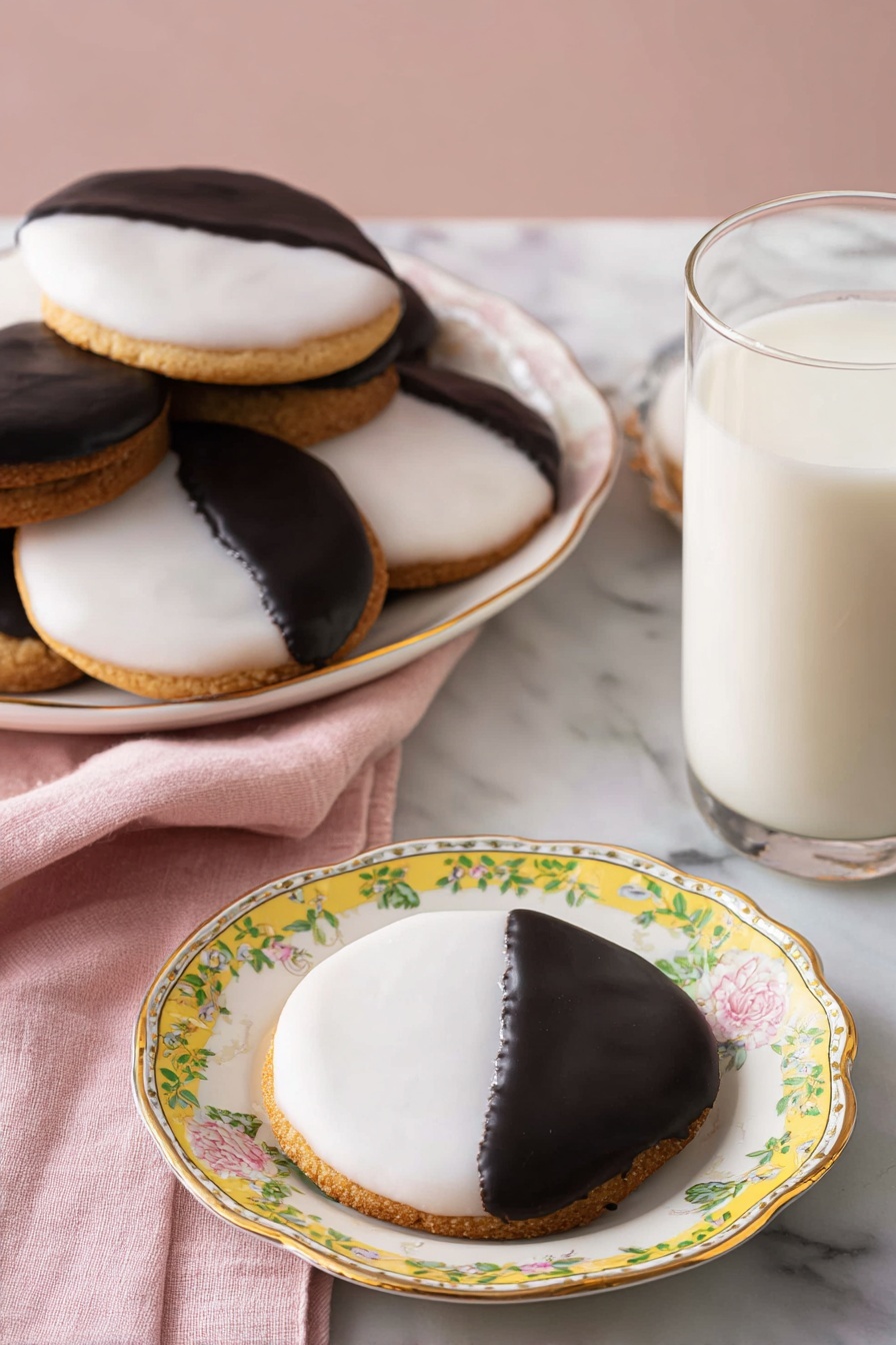 The image shows round cookies with two layers of icing on top: one half is smooth, shiny black and the other half is smooth, white. The cookies have a golden-brown base visible along the edges, and the icing covers the entire top surface in a clean split. The cookies are placed on a white plate with a yellow and green floral pattern, and several are on a white plate with a gold rim and floral design. The setting includes a soft pink cloth beneath the plates, a white marbled surface as background, and a tall glass of creamy white milk on the right side. The lighting is soft, enhancing the contrast between the white and black layers of icing. photo taken with an iphone --ar 2:3 --v 7 - Black and White Cookies with Vanilla and Chocolate Icing, black and white cookie recipe, classic NYC cookies, homemade black and white cookies, vanilla and chocolate glazed cookies