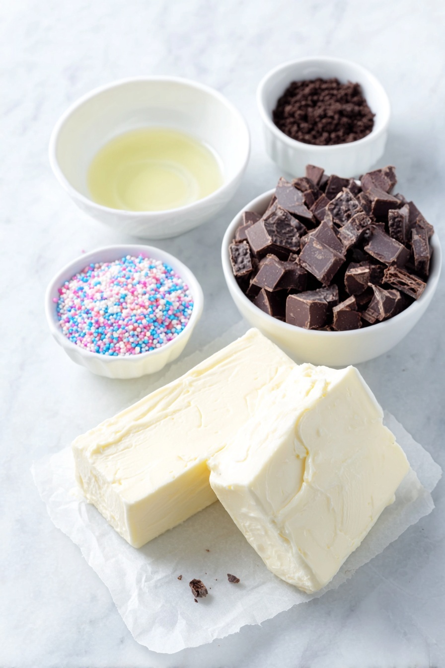 Flat lay of whole unbroken Oreo cookies arranged neatly, a block of fresh full-fat cream cheese with a smooth surface, coarsely chopped semi-sweet chocolate pieces in a small white ceramic bowl, a small white bowl with clear vegetable oil, a small white bowl filled with colorful round sprinkles, and a small white bowl holding fine Oreo crumbs, all placed on a clean white marble surface, soft natural light, photo taken with an iPhone, professional food photography style, fresh ingredients, white ceramic bowls, no bottles, no duplicates, no utensils, no packaging --ar 2:3 --v 7 --p m7354615311229779997 - Easy Oreo Truffles, Oreo Truffles, No-Bake Oreo Treats, Simple Dessert Ideas, Party Dessert Recipes
