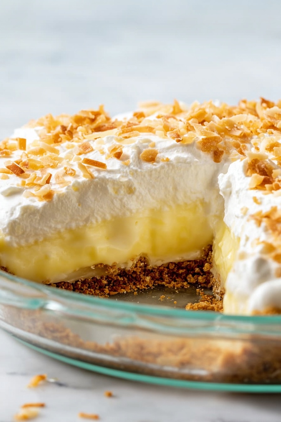 The image shows a close-up side view of a pie in a clear glass dish on a white marbled surface. The pie has three layers: the bottom layer is a brown, crunchy crumb crust; the middle layer is thick, smooth, pale yellow filling; the top layer is a thick, fluffy white whipped cream spread evenly over the filling. The whipped cream is sprinkled with small pieces of toasted coconut, adding a light brown crunchy texture on top. The photo is bright and clear, focusing on the pie's layers and textures. Photo taken with an iphone --ar 2:3 --v 7 - Coconut Cream Pie, Coconut Cream Pie Recipe, Best Coconut Pie, Easy Coconut Cream Pie, Creamy Coconut Dessert