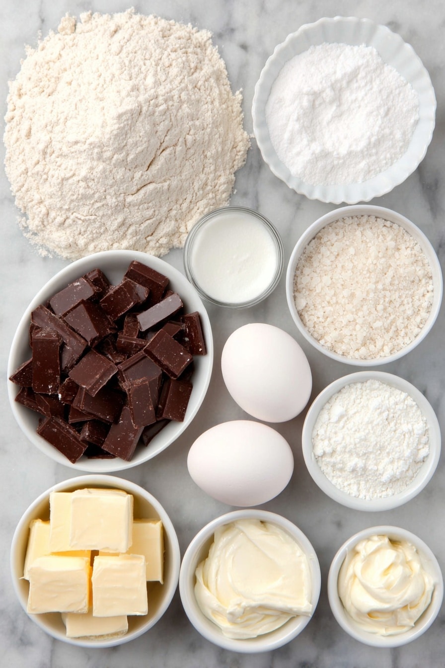 Flat lay of a small mound of all-purpose flour, a small white bowl of powdered sugar, a few coarse kosher salt crystals scattered delicately, diced cold unsalted butter pieces, one large whole uncracked egg, a small white bowl of granulated sugar, a small white bowl of cornstarch, two large whole uncracked egg yolks placed side by side in a small white bowl, a small white bowl of whole milk, a neat pile of chopped dark chocolate chunks, a few pieces of unsalted butter, a small white bowl with clear vanilla extract, a small dollop of softened cream cheese, a small white bowl with an additional portion of granulated sugar, a small white bowl with a little vanilla extract, and a small white bowl of heavy cream — all arranged symmetrically on a clean white marble surface, soft natural light, photo taken with an iPhone, professional food photography style, fresh ingredients, white ceramic bowls, no bottles, no duplicates, no utensils, no packaging --ar 2:3 --v 7 --p m7354615311229779997 - Decadent Chocolate Cream Pie, chocolate cream pie recipe, easy chocolate pie, homemade chocolate pie, rich chocolate pie dessert