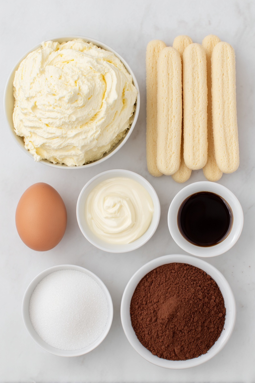 Flat lay of a small mound of fresh mascarpone cheese, a small bowl of thick heavy whipping cream, a small white bowl filled with fine granulated sugar, a whole uncracked brown egg with a clean shell, a small white bowl of dark cold espresso, a small white bowl with amber coffee flavored liqueur, fresh whole ladyfinger biscuits arranged neatly, and a small white bowl holding finely sifted cocoa powder dusting, all placed on a clean white marble surface, soft natural light, photo taken with an iPhone, professional food photography style, fresh ingredients, white ceramic bowls, no bottles, no duplicates, no utensils, no packaging --ar 2:3 --v 7 --p m7354615311229779997 - Easy Coffee Tiramisu, coffee tiramisu dessert, simple tiramisu recipe, quick tiramisu, homemade coffee tiramisu