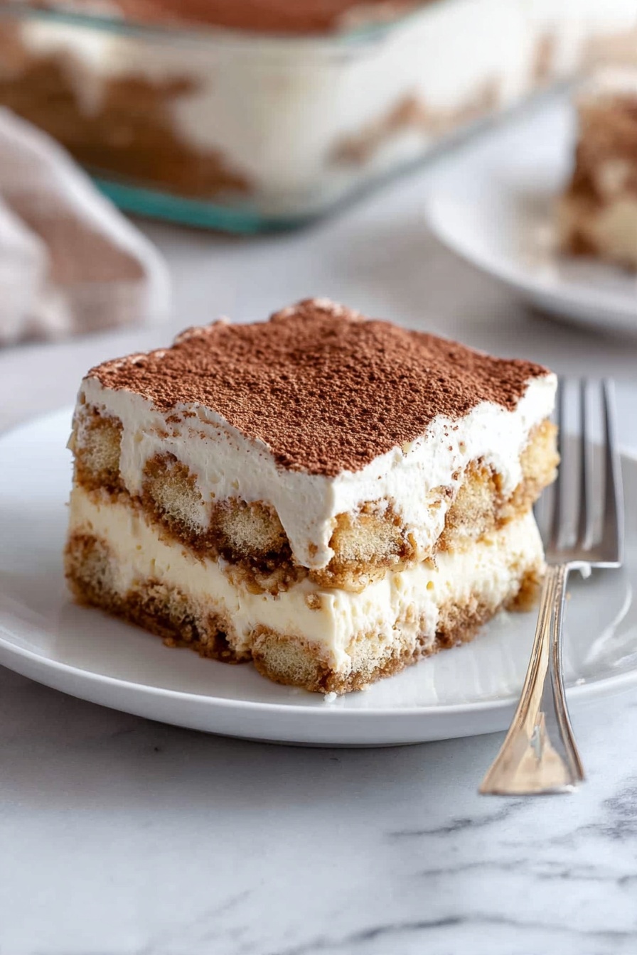 A square piece of tiramisu dessert is placed on a white plate with a silver fork beside it. The tiramisu has three clear layers: a bottom layer of soft, light brown soaked cake, a middle thick layer of creamy white filling with some soaked cake pieces showing through, and a top thick layer of light cream covered evenly with a dusting of fine chocolate or cocoa powder. In the background, part of a glass dish with more tiramisu is visible. The scene sits on a white marbled surface with soft natural lighting, giving a fresh and clean look. Photo taken with an iphone --ar 2:3 --v 7 - Easy Coffee Tiramisu, coffee tiramisu dessert, simple tiramisu recipe, quick tiramisu, homemade coffee tiramisu