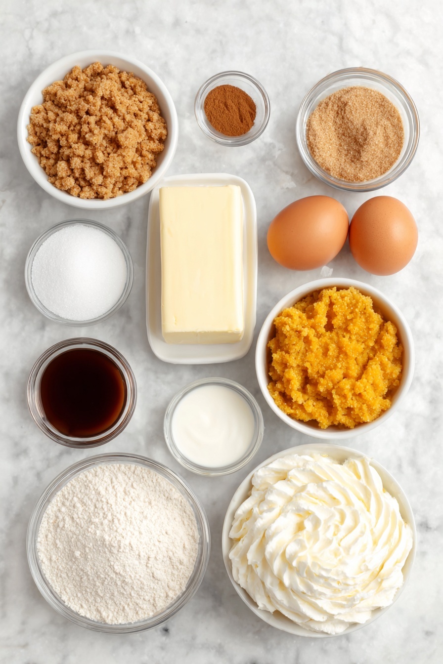 Flat lay of a small mound of golden graham cracker crumbs, a few uneven chunks of creamy unsalted butter, a small white bowl filled with granulated sugar, a teaspoon of ground cinnamon neatly sprinkled on a white dish, a block of smooth cream cheese, a pile of packed light brown sugar, a dollop of bright orange pumpkin puree on a white ceramic plate, four large whole brown eggs with clean shells, a small white bowl holding sour cream, a small heap of all-purpose flour, a small dish with a mix of pumpkin pie spice, a pinch of fine salt on a white plate, a small white bowl of clear vanilla extract, a small white bowl filled with rich golden butterscotch sauce, and a cloud-like swirl of fresh whipped cream—all ingredients arranged symmetrically with balanced spacing, placed on a clean white marble surface, soft natural light, photo taken with an iPhone, professional food photography style, fresh ingredients, white ceramic bowls, no bottles, no duplicates, no utensils, no packaging --ar 2:3 --v 7 --p m7354615311229779997 - Pumpkin Cheesecake with Butterscotch Sauce, Pumpkin Cheesecake, Fall Dessert Recipes, Holiday Cheesecake, Easy Pumpkin Cheesecake