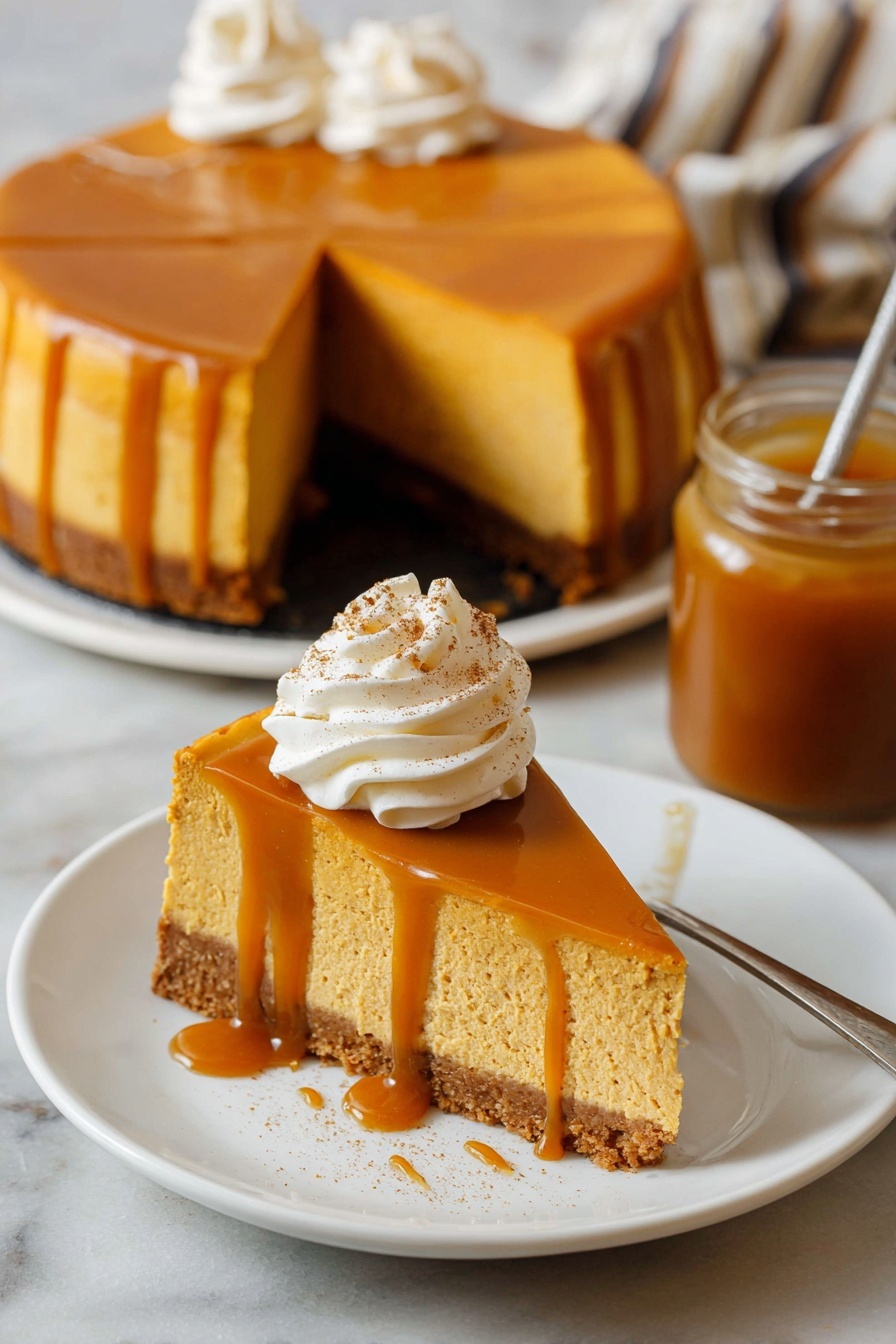 A slice of pumpkin pie with three visible layers is on a white plate placed on a white marbled surface; the bottom layer is a brown crust, the middle layer is a thick, smooth orange pumpkin filling, and the top layer is a glossy caramel sauce dripping down the sides; on top, there is a large swirl of white whipped cream sprinkled with light brown spice; a silver fork rests on the plate's edge and a jar with caramel sauce and a spoon in it is blurred in the background; photo taken with an iphone --ar 2:3 --v 7 - Pumpkin Cheesecake with Butterscotch Sauce, Pumpkin Cheesecake, Fall Dessert Recipes, Holiday Cheesecake, Easy Pumpkin Cheesecake