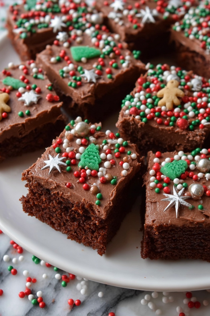 Several square pieces of chocolate brownies with a thick layer of chocolate frosting on top are placed on a white plate. The frosting is covered with colorful Christmas-themed sprinkles, including red, green, white, and brown shapes like stars and gingerbread men. Some sprinkles have fallen onto the plate. Near the plate, there is a small white bowl filled with more of the same sprinkles. A cute reindeer decoration with wooden antlers and a brown nose sits beside the bowl on a white marbled surface. A knitted mitten with red, green, and white patterns and buttons is also visible under the plate. photo taken with an iphone --ar 2:3 --v 7 - Chocolate Frosted Christmas Brownies, festive brownies recipe, fudgy Christmas brownies, holiday chocolate brownies, easy Christmas brownie recipe