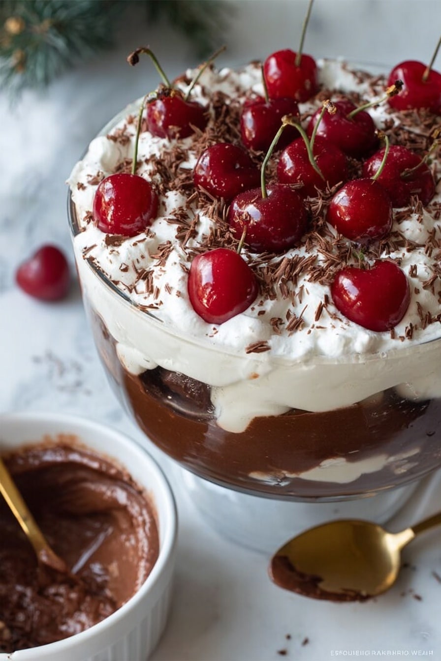 The dessert is shown in a clear glass bowl with a tall stem, placed on a white marbled surface. At the bottom, there is a thick layer of round chocolate rolls, dark brown and soft-looking. Above that, there is a smooth light brown chocolate layer. The middle layer is white and creamy, topped by a dark red cherry jam layer with visible cherry pieces. A thick, dark chocolate layer sits above the jam, and the top layer is a generous amount of white whipped cream decorated with whole bright red cherries and lightly sprinkled with chocolate shavings. The background is soft and out of focus with a hint of green foliage. Photo taken with an iphone --ar 2:3 --v 7 - Black Forest Trifle with Cherries and Chocolate, layered chocolate cherry dessert, easy Black Forest trifle recipe, rich cherry and chocolate trifles, indulgent berry and chocolate dessert