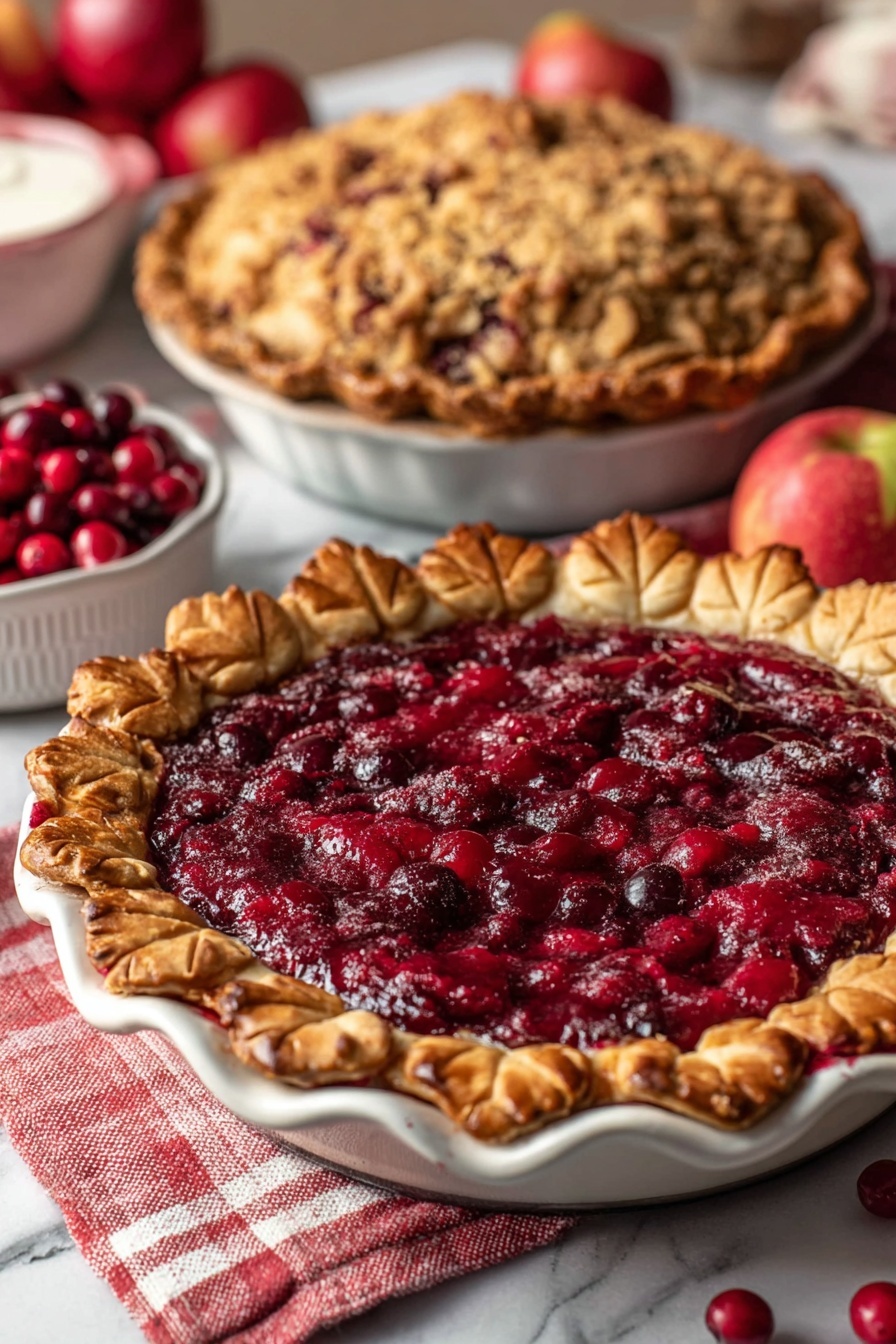 A close-up view shows a deep red fruit pie with a thick, textured filling that is shiny and full of small fruit pieces. The pie crust is golden brown and flaky, with decorative leaf shapes pressed into the edge, which rests on the rim of a white pie dish. The background shows some loose red fruits scattered on a white marbled surface, with a stack of patterned white plates and silver forks in soft focus behind the pie. The overall scene is bright and inviting. photo taken with an iphone --ar 2:3 --v 7 - Cranberry Pie with Orange and Spices, festive cranberry pie, holiday fruit pie, easy cranberry dessert, spiced fruit pie