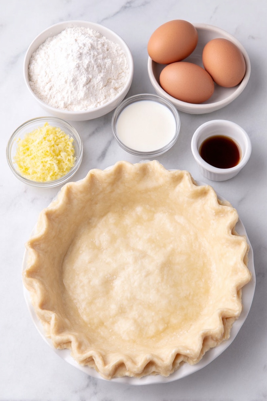 Flat lay of a pristine unbaked 9-inch pie crust on a simple white ceramic plate, three whole large brown eggs with clean shells, a small white bowl of granulated sugar, a small white bowl of all-purpose flour, a small white bowl containing melted golden butter, a small white bowl filled with fresh buttermilk, a small white bowl of clear lemon juice, a small heap of bright yellow lemon zest, a small white bowl of vanilla extract, and a tiny pinch of kosher salt arranged symmetrically in a balanced composition, all ingredients fresh and natural, placed on a clean white marble surface, soft natural light, photo taken with an iPhone, professional food photography style, fresh ingredients, white ceramic bowls, no bottles, no duplicates, no utensils, no packaging --ar 2:3 --v 7 --p m7354615311229779997 - Best Ever Buttermilk Pie, buttermilk pie recipe, classic buttermilk pie, creamy custard pie, easy Southern desserts
