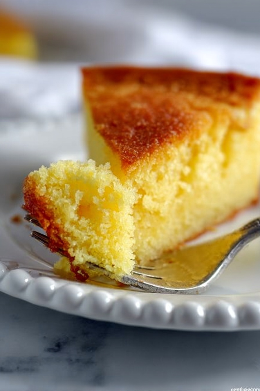 A close-up image shows a piece of yellow cake with a golden brown crust on top and the sides, held by a silver fork. The cake looks soft and moist inside, with a slightly crumbly texture. The fork is resting on a white plate with a beaded edge, which sits on a white marbled surface. The background is softly blurred, focusing on the cake piece. Photo taken with an iphone --ar 2:3 --v 7 - Best Ever Buttermilk Pie, buttermilk pie recipe, classic buttermilk pie, creamy custard pie, easy Southern desserts