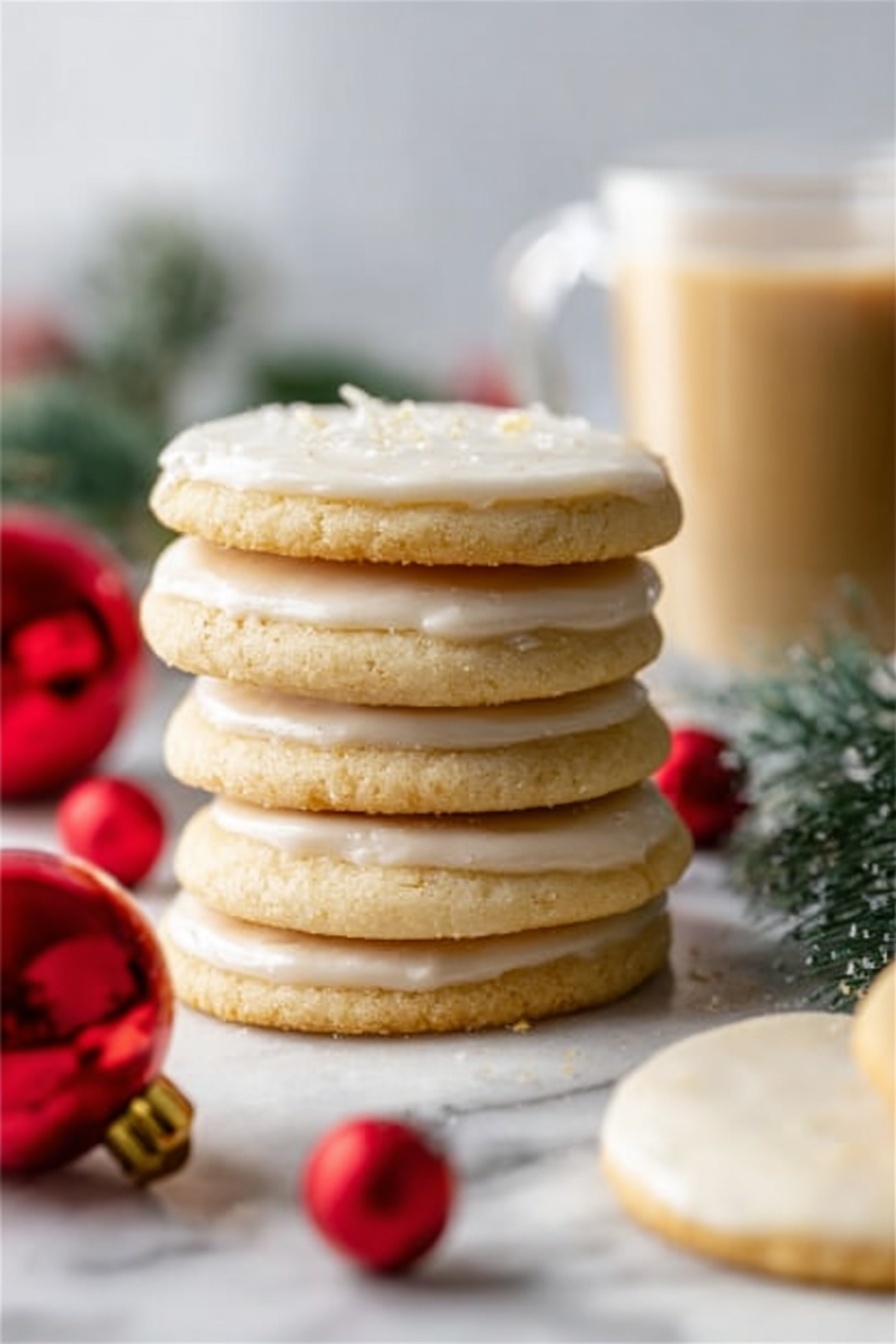 The image shows a stack of five round cookies with a smooth, pale golden texture, placed on a white marbled surface. Each cookie has a slightly darker edge and a flat top, with the top cookie featuring a light frosting layer covering its surface. Around the stack, there are small red Christmas ornaments and green pine leaves blurred in the background, adding a festive touch. A blurred glass with a light brown drink is visible behind the cookies. The focus is on the stack, with soft, natural light enhancing the warm colors. Photo taken with an iphone --ar 2:3 --v 7 - Eggnog Cookies with Cinnamon and Nutmeg, holiday eggnog cookies, festive cookie recipes, easy holiday cookies, cinnamon nutmeg cookies