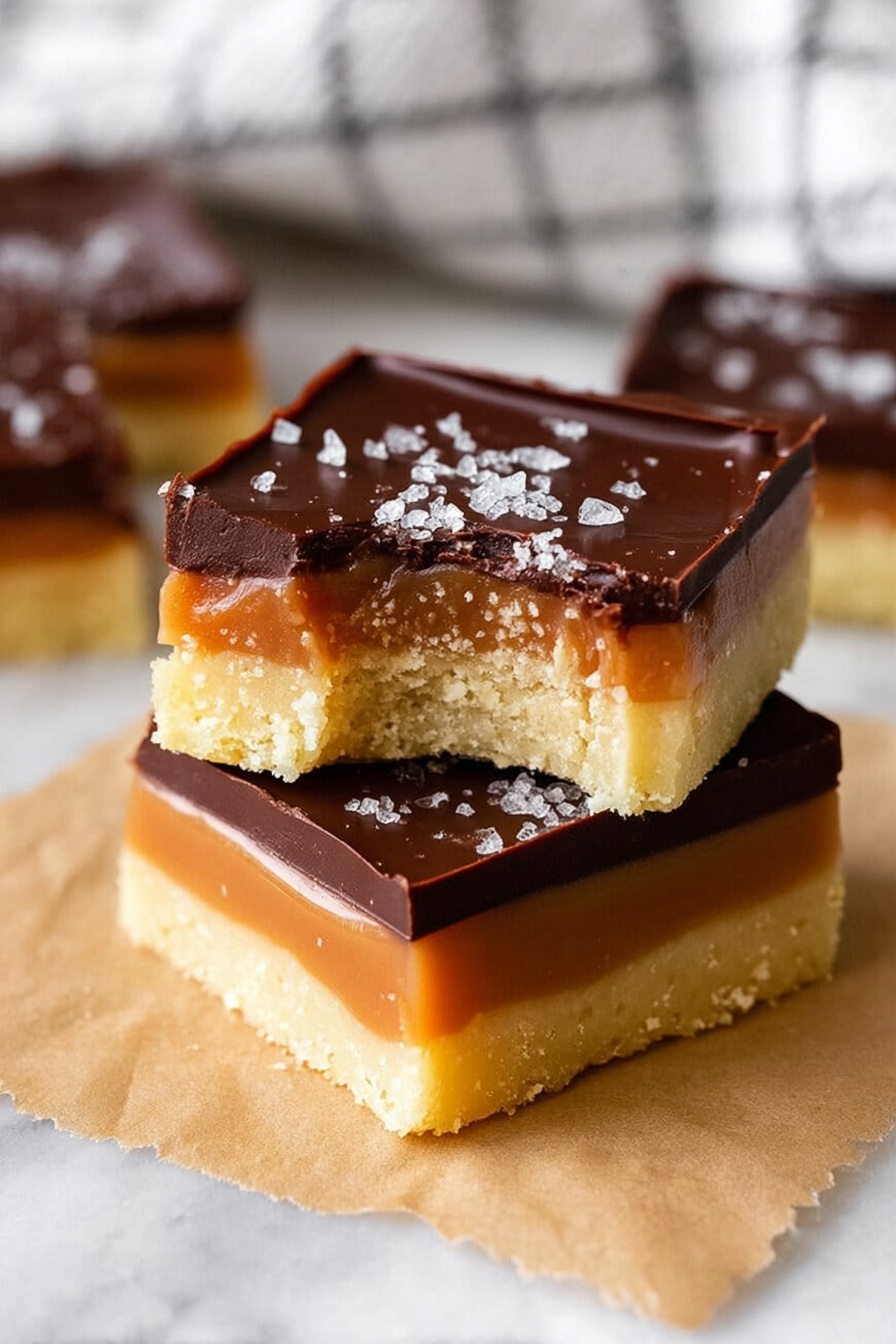 The image shows two stacked dessert squares with three clear layers: the bottom layer is light yellow and crumbly like shortbread, the middle layer is a smooth caramel in a golden brown color, and the top layer is a thick dark chocolate with a shiny, smooth texture sprinkled with flaky white sea salt. The top square has a bite taken out of it, showing the soft inside of each layer. The treats are placed on a piece of parchment paper on a white marbled surface, with a white and black checkered cloth blurred in the background. photo taken with an iphone --ar 2:3 --v 7 - Decadent Millionaire's Shortbread, millionaire's shortbread, caramel chocolate shortbread, layered dessert, homemade shortbread recipes