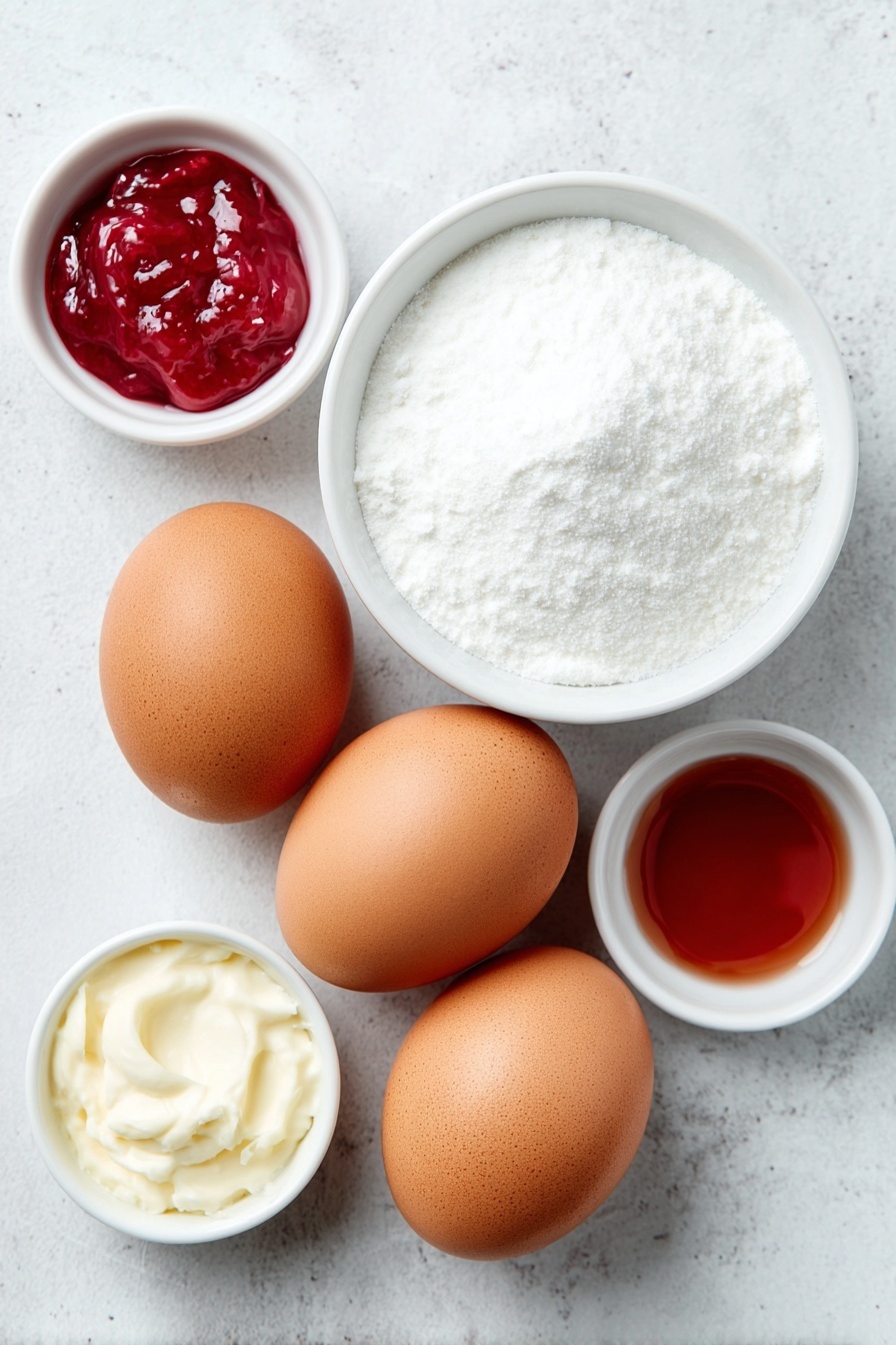 Flat lay of three whole large brown eggs with clean shells, a small white ceramic bowl filled with fine white sugar, a small white ceramic bowl holding clear peppermint concentrate liquid, and a tiny white ceramic dish containing bright red gel-paste food coloring, all arranged symmetrically and naturally on a clean white marble surface, soft natural light, photo taken with an iPhone, professional food photography style, fresh ingredients, white ceramic bowls, no bottles, no duplicates, no utensils, no packaging --ar 2:3 --v 7 --p m7354615311229779997 - Peppermint Meringue Cookies, festive holiday cookies, easy meringue recipes, peppermint treats, homemade holiday sweets