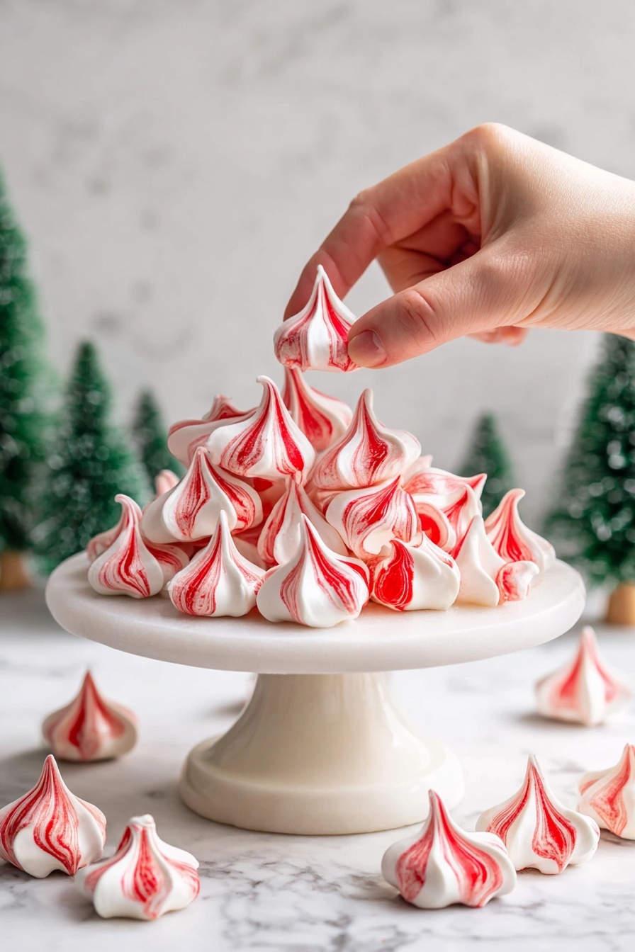 A white scalloped bowl filled with many small meringue kisses, each with swirled red and white coloring in sharp peaks, almost like little stars, stacked closely together. The meringues have a smooth, glossy texture with a soft curl at their tips. Around the bowl on a white marbled surface, several loose meringue kisses lie scattered, showing their bright red and white swirl pattern more clearly. The scene is brightly lit, emphasizing the shiny, crisp texture of the meringues. Photo taken with an iphone --ar 2:3 --v 7 - Peppermint Meringue Cookies, festive holiday cookies, easy meringue recipes, peppermint treats, homemade holiday sweets