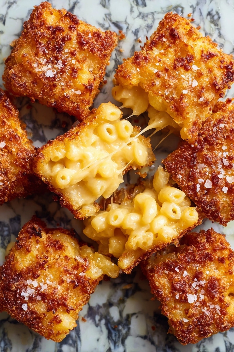 The image shows several crispy, golden brown squares with a crunchy texture and sprinkled with coarse salt on top. One square is broken in the middle, revealing creamy, soft macaroni and cheese inside with stretchy melted cheese. The background is a white marbled surface with a pattern and the squares are arranged in a close group. photo taken with an iphone --ar 2:3 --v 7 - Crispy Fried Mac and Cheese Bites, cheese snack recipes, party appetizer ideas, crispy cheese bites, easy comfort food snacks