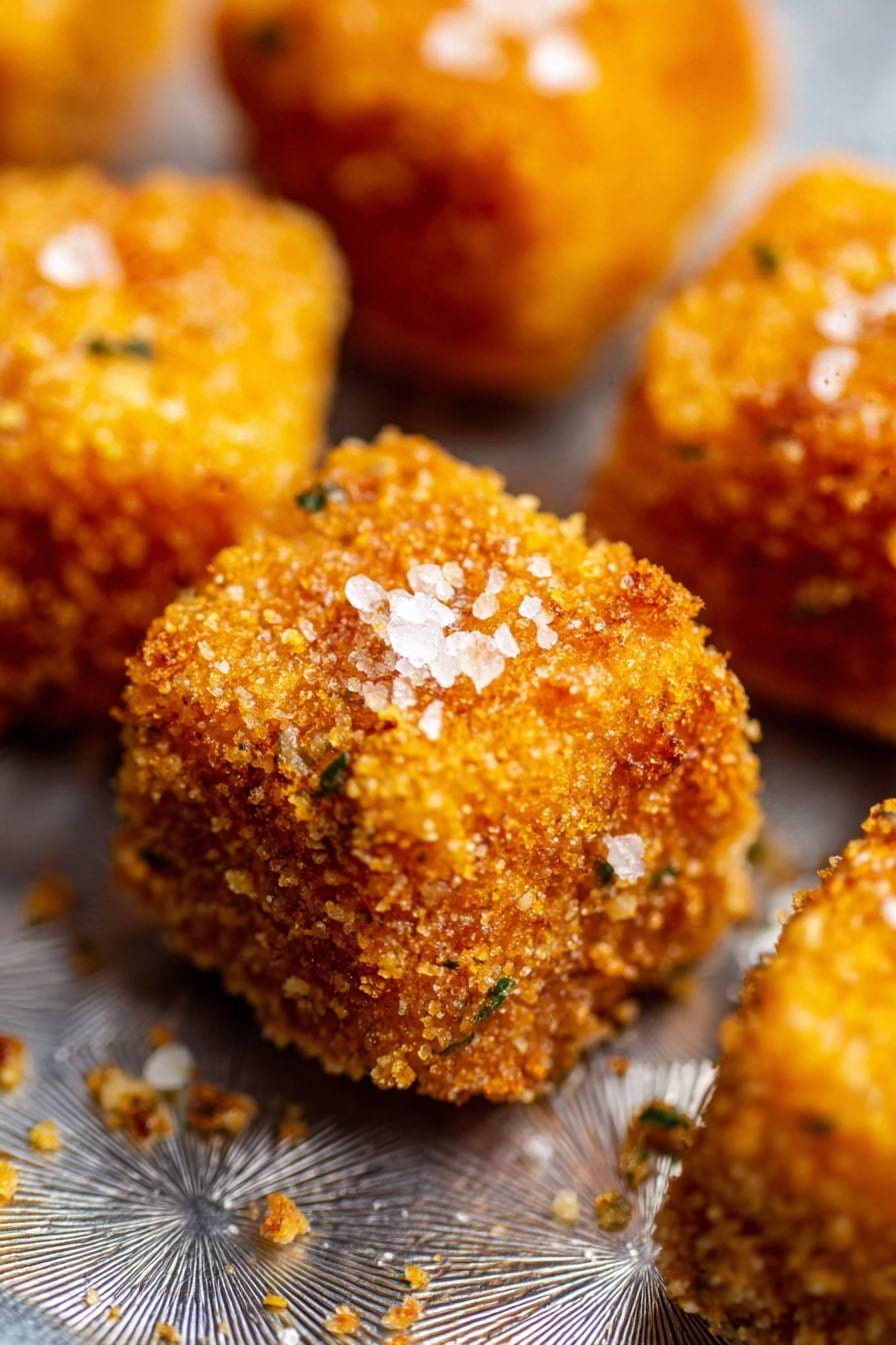 The image shows several small, golden brown crispy cubes with a crunchy texture, sprinkled with coarse white salt on top. The cubes have an even coating with flecks of green herbs visible inside the crust. They are arranged on a metallic surface with a starburst pattern, which has been changed to look like a white marbled texture in your use. The crispy cubes have a rough, crumbly coating, and the close-up view highlights their crunchy and textured surface. photo taken with an iphone --ar 2:3 --v 7 - Crispy Fried Mac and Cheese Bites, cheese snack recipes, party appetizer ideas, crispy cheese bites, easy comfort food snacks