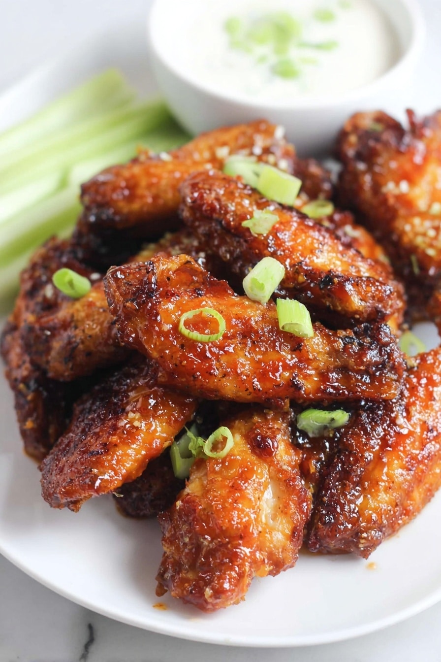 A white plate on a white marbled surface holds a pile of shiny, well-cooked chicken wings glazed with a sticky orange sauce, giving them a crisp and slightly charred texture. The wings are scattered with small bright green slices of green onion. Behind the wings on the plate, there is a small white bowl filled with a creamy, white dipping sauce. To the side of the bowl, light green celery sticks slightly peek into the frame. The scene is brightly lit, showing the rich colors and texture of the food clearly. photo taken with an iphone --ar 2:3 --v 7 - Honey Garlic Chicken Wings, honey garlic wings, crispy chicken wings, easy chicken wing recipe, flavorful appetizer