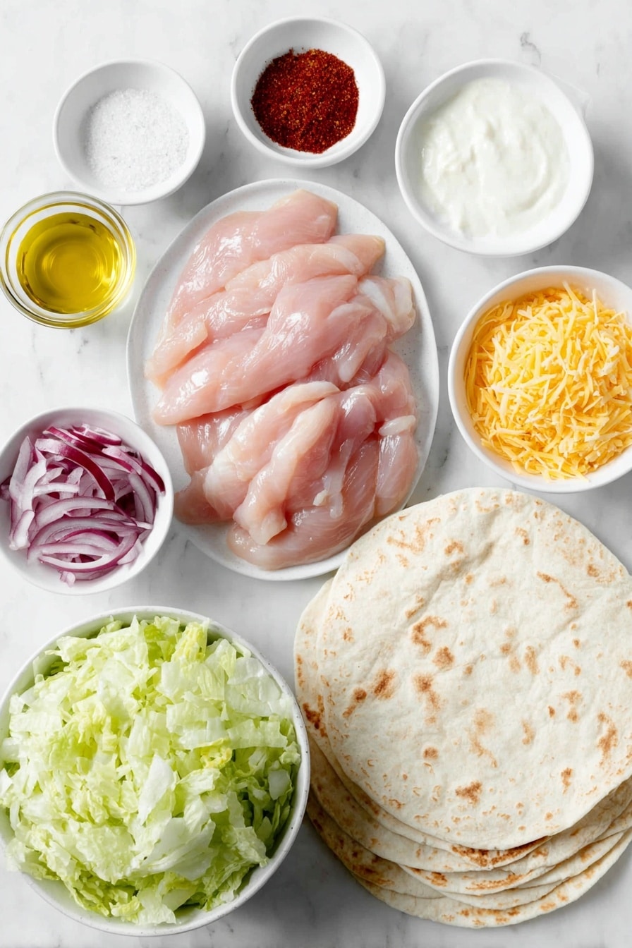 Flat lay of a raw boneless skinless chicken breast sliced into long strips, a small white bowl of golden olive oil, a small white bowl filled with bright orange Franks Buffalo Wings sauce, a small white bowl with reddish smoked paprika powder, a small white bowl with pale beige garlic powder, a small white bowl with fine white salt, four large plain flour tortillas stacked neatly on a simple white ceramic plate, a small white bowl of creamy white ranch dressing, a symmetrical pile of fresh chopped romaine lettuce leaves, a small white bowl of finely shredded bright orange carrot, a small white bowl with thin half moon slices of vivid purple red onion, a small white bowl filled with shredded sharp cheddar cheese in deep yellow-orange hues, placed on a clean white marble surface, soft natural light, photo taken with an iPhone, professional food photography style, fresh ingredients, white ceramic bowls, no bottles, no duplicates, no utensils, no packaging --ar 2:3 --v 7 --p m7354615311229779997 - Buffalo Chicken Wraps, spicy chicken wraps, quick chicken wraps, easy buffalo wraps, flavorful chicken meal