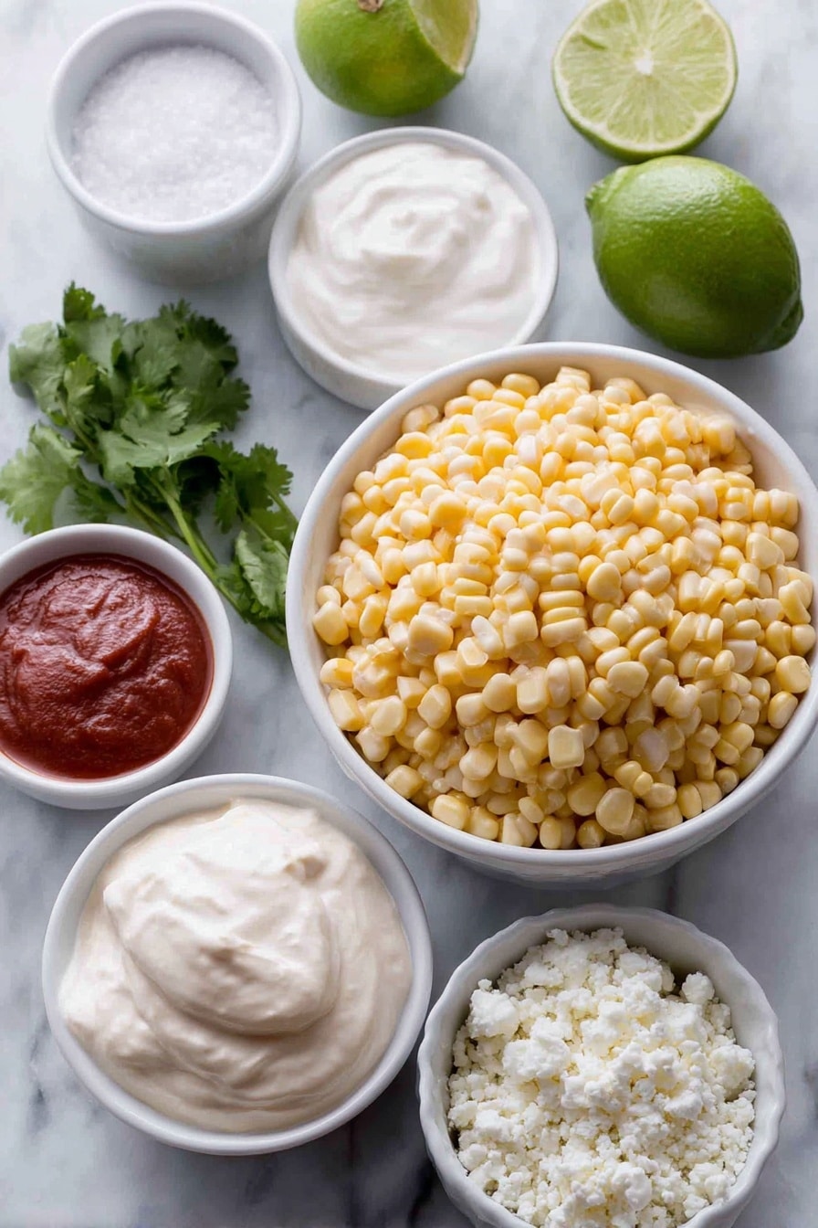 Flat lay of a small pile of bright yellow whole-kernel corn, a small white ceramic bowl of clear water, a small white ceramic bowl with white granulated sugar, a small white ceramic bowl with creamy white mayonnaise, a small white ceramic bowl with thick sour cream, a small white ceramic bowl holding smooth red sriracha sauce, a small white ceramic bowl of fine kosher salt, a small white ceramic bowl of light green lime salt, a small white ceramic bowl with crumbled white cotija cheese, a small bunch of fresh cilantro sprigs, a small white ceramic bowl of deep red chili powder, and a fresh green lime cut into wedges placed on a clean white marble surface, soft natural light, photo taken with an iPhone, professional food photography style, fresh ingredients, white ceramic bowls, no bottles, no duplicates, no utensils, no packaging --ar 2:3 --v 7 --p m7354615311229779997 - Mexican Street Corn Cups, Mexican Street Corn, elote cups, Mexican corn snack, portable street corn