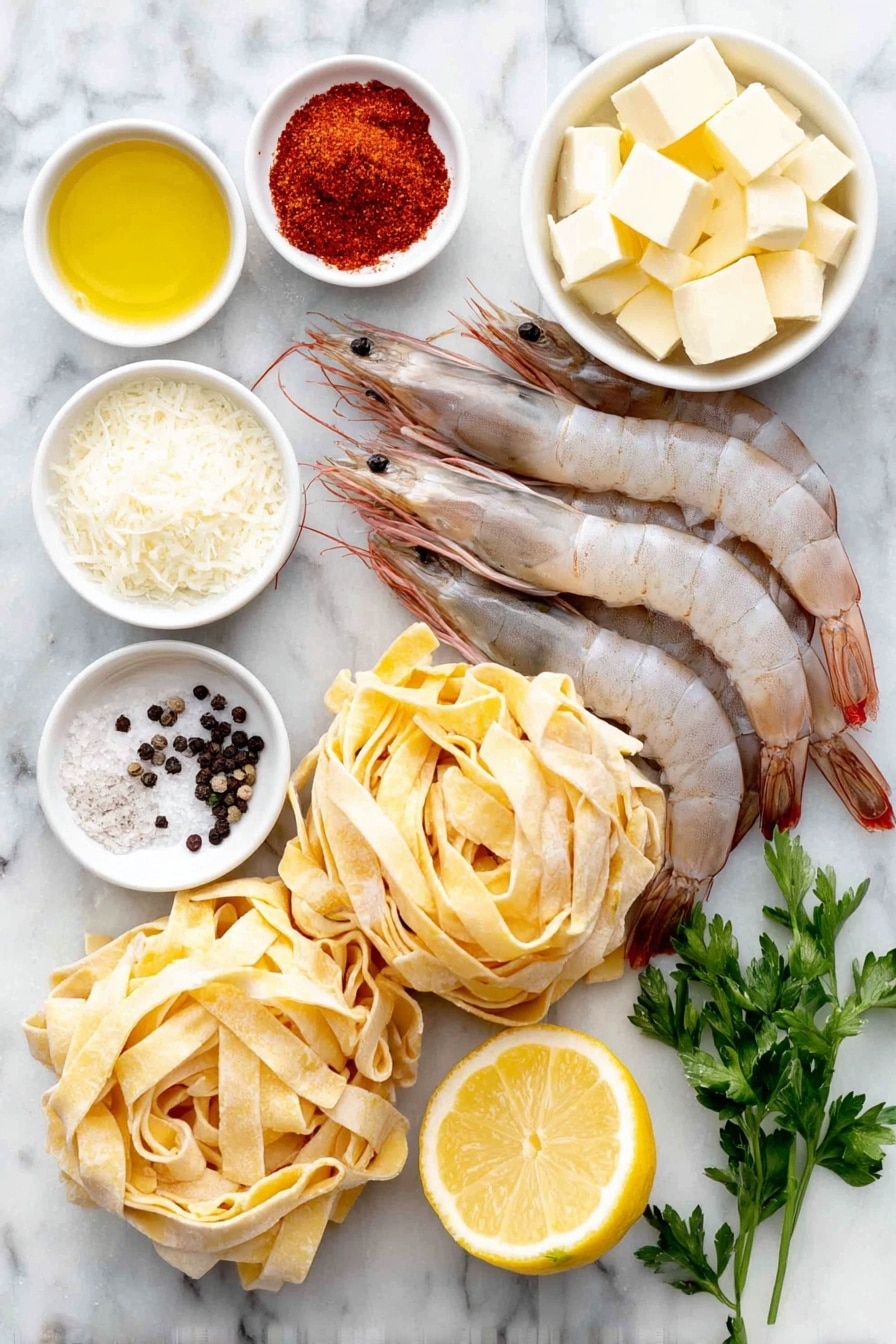 Flat lay of uncooked fettuccine pasta nests, a handful of large raw shrimp with shells removed, a small white bowl of bright red smoked paprika powder, a small white bowl of finely minced fresh garlic, a small white bowl of golden cooking oil, a small white bowl of pale yellow unsalted butter cubes, a small white bowl of all-purpose flour, a small white bowl of light golden chicken broth, a small white bowl of thick heavy cream, half a fresh lemon with visible zest, a small white bowl of finely grated Parmesan cheese, a few sprigs of fresh green parsley with some chopped leaves scattered beside it, scattered whole black peppercorns and coarse sea salt crystals, all arranged symmetrically and naturally placed on a clean white marble surface, soft natural light, photo taken with an iPhone, professional food photography style, fresh ingredients, white ceramic bowls, no bottles, no duplicates, no utensils, no packaging --ar 2:3 --v 7 --p m7354615311229779997 - Cajun Shrimp Pasta, Cajun Shrimp Pasta recipe, spicy shrimp pasta, creamy Cajun pasta, quick dinner ideas