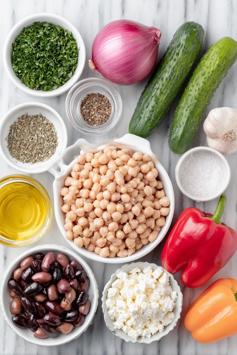 Flat lay of a small white ceramic bowl filled with cooked chickpeas, a small white ceramic bowl with white cannellini beans, a whole red bell pepper, a whole orange bell pepper, two whole Persian cucumbers, half a small red onion cut to show its layers, a small white ceramic bowl of fresh chopped parsley, a small white ceramic bowl with kalamata olives, a small white ceramic bowl with crumbled feta cheese, a small white ceramic bowl containing red wine vinegar, a small white ceramic bowl with golden honey, a small pile of dried oregano leaves, three whole uncracked garlic cloves with papery skins intact, a small white ceramic bowl with fine salt, a small white ceramic bowl with freshly ground black pepper, and a small white ceramic bowl filled with extra virgin olive oil, all arranged symmetrically and balanced, placed on a clean white marble surface, soft natural light, photo taken with an iPhone, professional food photography style, fresh ingredients, white ceramic bowls, no bottles, no duplicates, no utensils, no packaging --ar 2:3 --v 7 --p m7354615311229779997 - Healthy Bean Salad with Feta, healthy bean salad, bean and feta salad, nutritious bean salad recipe, quick vegan bean salad