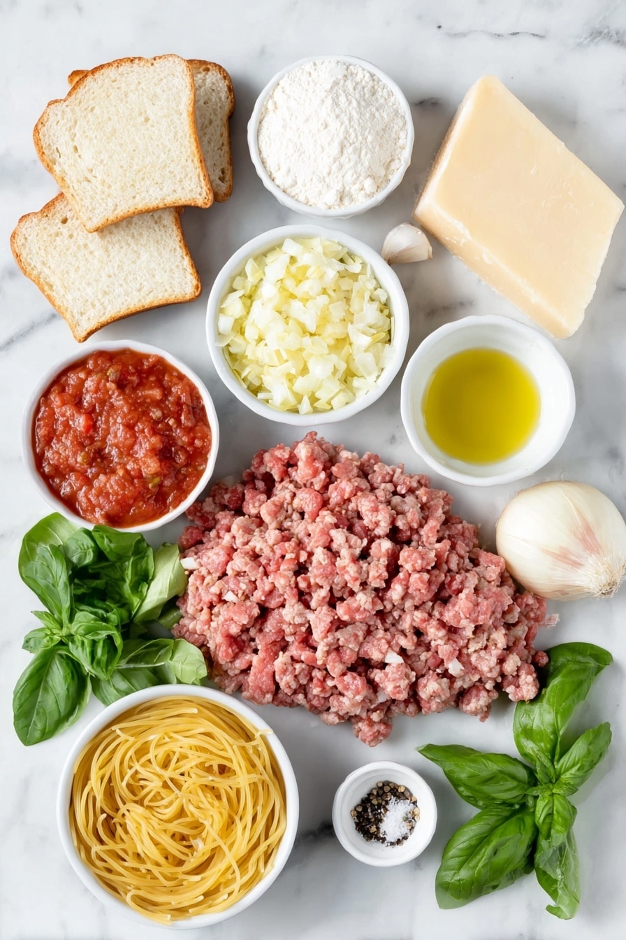 Flat lay of three slices of crustless white bread torn into pieces, a small pile of lean ground beef, a small pile of sweet Italian sausage meat with casings removed, a wedge of parmesan cheese with some finely grated cheese beside it, four whole garlic cloves and a few minced garlic cloves in a small white ceramic bowl, a whole large brown egg, a small white ceramic bowl filled with all-purpose flour, a small white ceramic bowl with light olive oil, a neatly chopped medium yellow onion, two bay leaves, a small white ceramic bowl of crushed tomatoes, a few fresh basil leaves finely minced beside more whole basil leaves, a nest of uncooked spaghetti pasta, a small white ceramic bowl of sea salt, and a small white ceramic bowl of black pepper, all arranged with perfect symmetry, placed on a clean white marble surface, soft natural light, photo taken with an iPhone, professional food photography style, fresh ingredients, white ceramic bowls, no bottles, no duplicates, no utensils, no packaging --ar 2:3 --v 7 --p m7354615311229779997 - Homemade Spaghetti and Meatballs, Italian pasta with meatballs, easy spaghetti and meatballs, classic Italian spaghetti dish, homemade marinara and meatballs