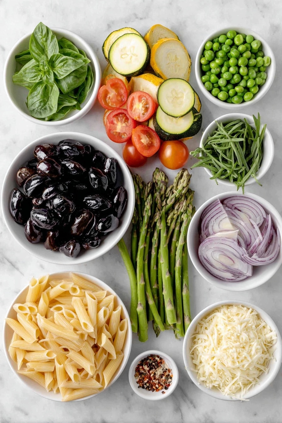 Flat lay of a small mound of uncooked penne pasta, a few glossy garlic cloves sliced thin, thin half-moons of bright yellow squash, thin half-moons of fresh green zucchini, chopped vibrant green asparagus stalks, halved shiny red cherry tomatoes, thinly sliced rings of deep purple-red onion, a small white bowl of bright green fresh basil leaves, a smaller white bowl with fresh tarragon sprigs, a small white bowl filled with thawed green peas, a small white bowl of pale golden extra-virgin olive oil, a small white bowl of fresh lemon juice, a small white bowl of grated creamy white pecorino cheese, a small white bowl with coarse sea salt crystals, a small white bowl with red pepper flakes, freshly ground black pepper scattered delicately nearby—all arranged symmetrically with perfect balance, placed on a clean white marble surface, soft natural light, photo taken with an iPhone, professional food photography style, fresh ingredients, white ceramic bowls, no bottles, no duplicates, no utensils, no packaging --ar 2:3 --v 7 --p m7354615311229779997 - Fresh Pasta Primavera with Vegetables, Pasta Primavera recipe, healthy vegetable pasta, easy quick pasta dinner, vegetarian pasta dish