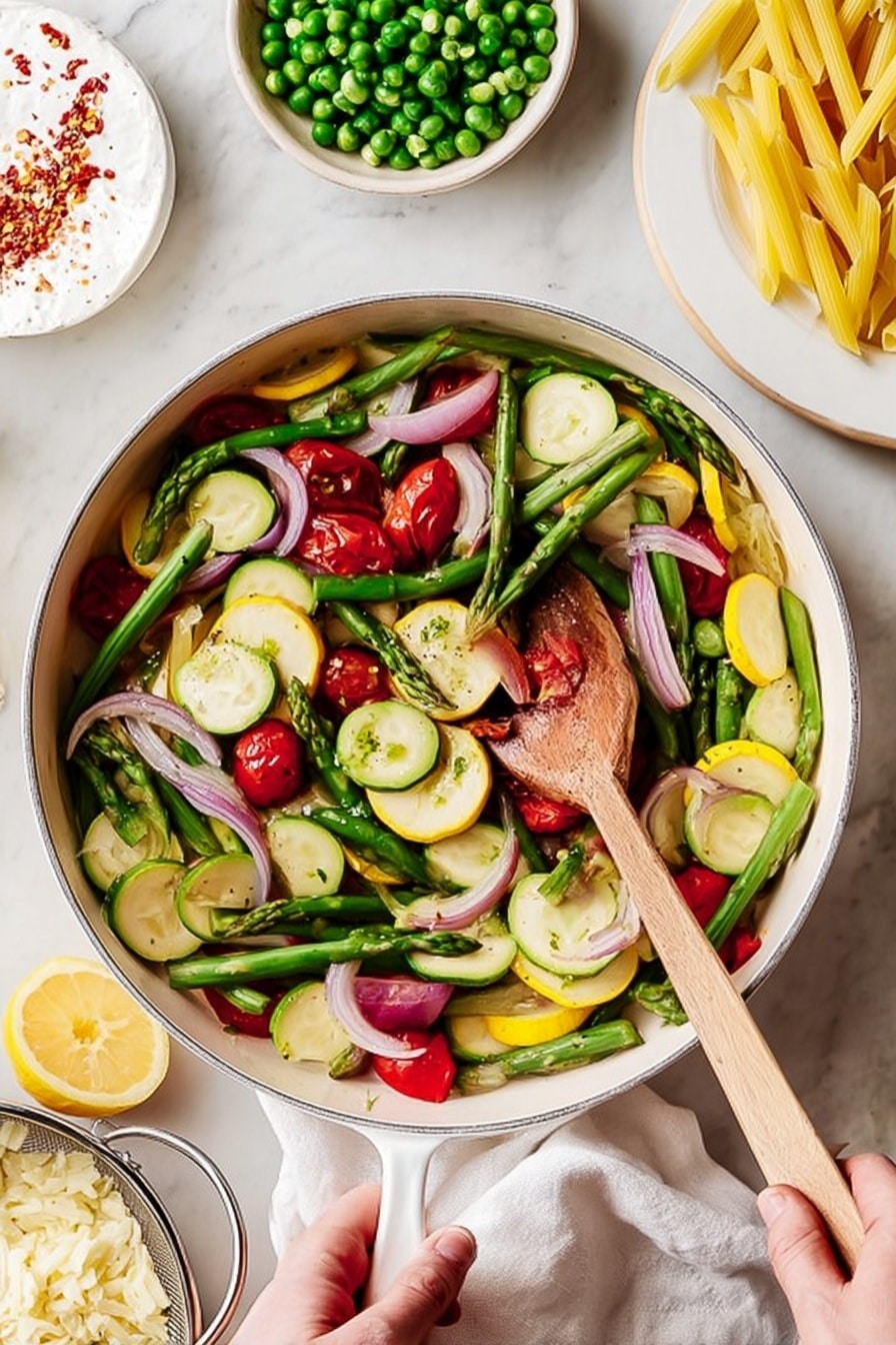 A white pan filled with three layers of vegetables: bright green asparagus spears and green beans, light green zucchini slices and yellow squash slices scattered around, and halved red cherry tomatoes mixed with thin, light purple onion slices on top; a woman's hand holds a wooden spatula stirring the vegetables, while another woman's hand holds the pan handle. Around the pan are a bowl of green peas, a white plate with soft white cheese and red pepper flakes, a metal colander with yellow penne pasta, and a whole lemon, all set on a white marbled surface with a white cloth napkin nearby. Photo taken with an iphone --ar 2:3 --v 7 - Fresh Pasta Primavera with Vegetables, Pasta Primavera recipe, healthy vegetable pasta, easy quick pasta dinner, vegetarian pasta dish